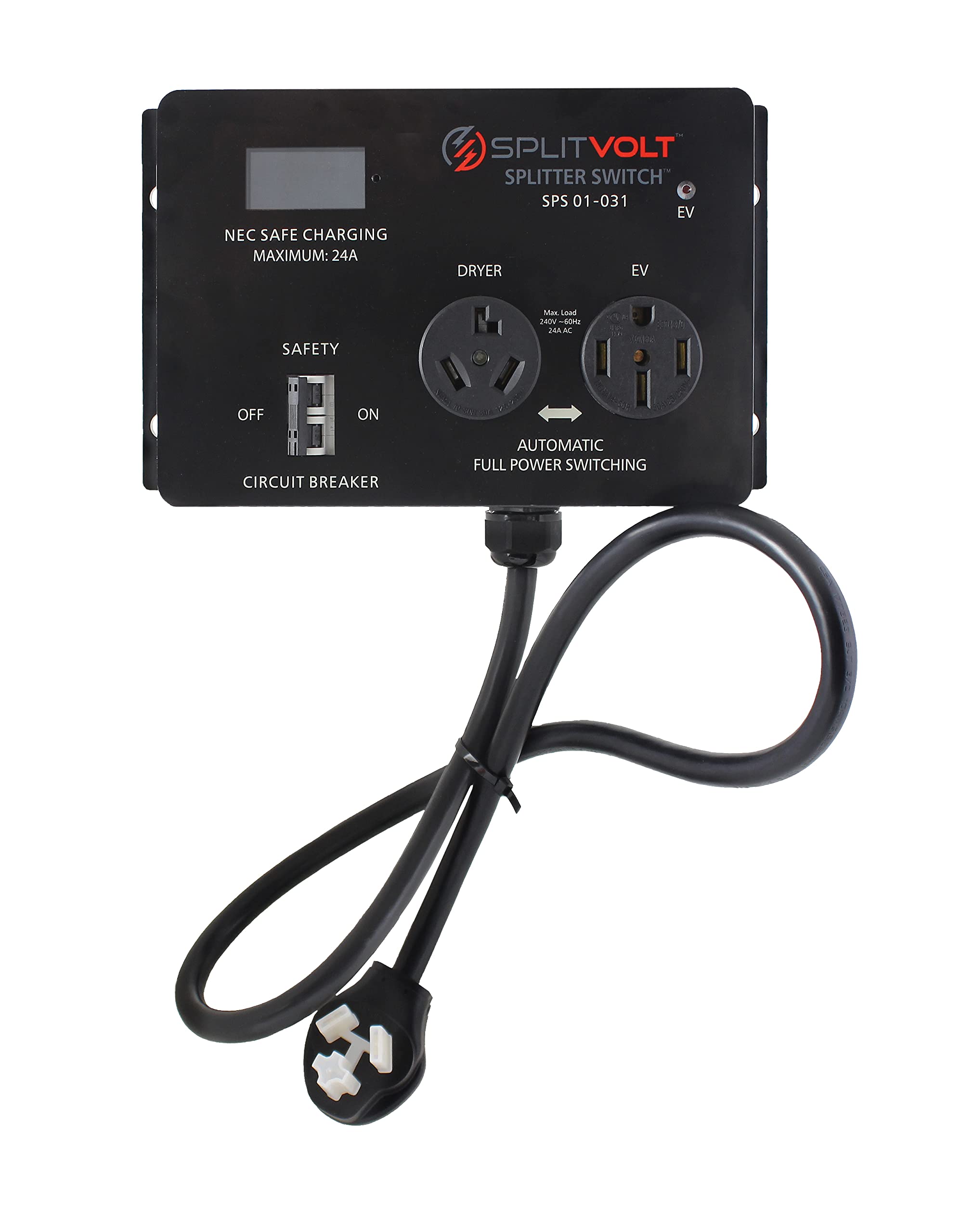 24 Amp EV Charger Splitter Switch - Automatic Power Sharing Between Dryer & Electric Vehicle (NEMA 10-30 to 10-30/14-50, 240V) | Save on Home EV Charging Installation | Perfect for Garages & Multi-Device Homes