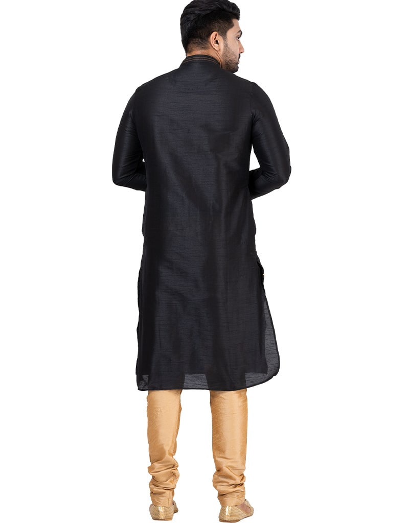 Premium Black Dupion Silk Kurta with Churidar Set - Elegant Indian Ethnic Wear for Festivals, Weddings & Special Occasions
