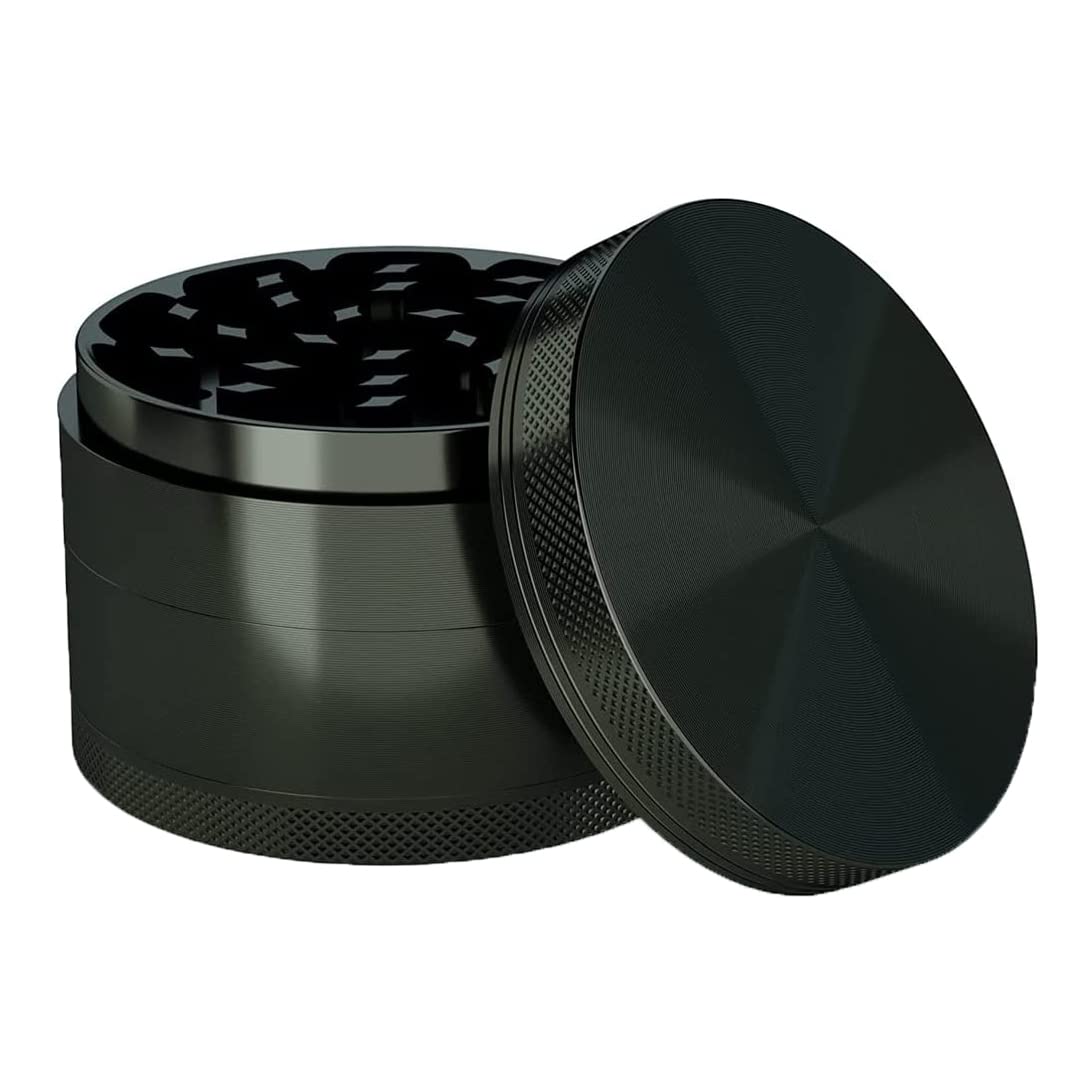 4 Layer Zinc Alloy Herb Grinder with Pollen Catcher & Scraper - Portable Mini Crusher Mill for Dry Herbs - Includes Cleaning Brush - Perfect for Travel, Camping & Home Use (50mm, Black)