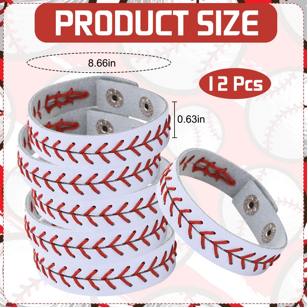 BAOZOON 12 Pack Genuine Leather Baseball Bracelets - Adjustable Sports Wristbands for Men, Women, Boys & Girls - Baseball Player Gifts, Team Spirit Accessories - Perfect for Games, Training & Fan Support