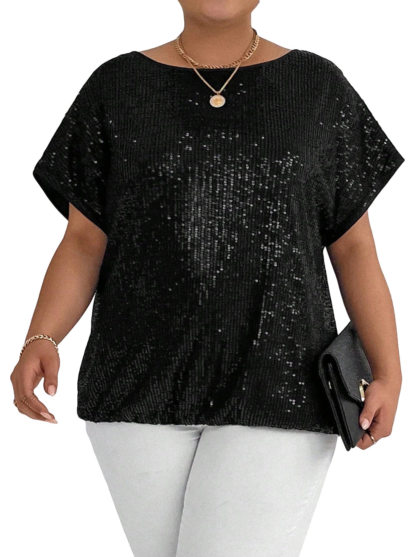 WDIRARA Women's Plus Size Sequin Sparkly Dolman Short Sleeve T-Shirt - Glam Party Top for Night Out, Club Wear & Special Occasions