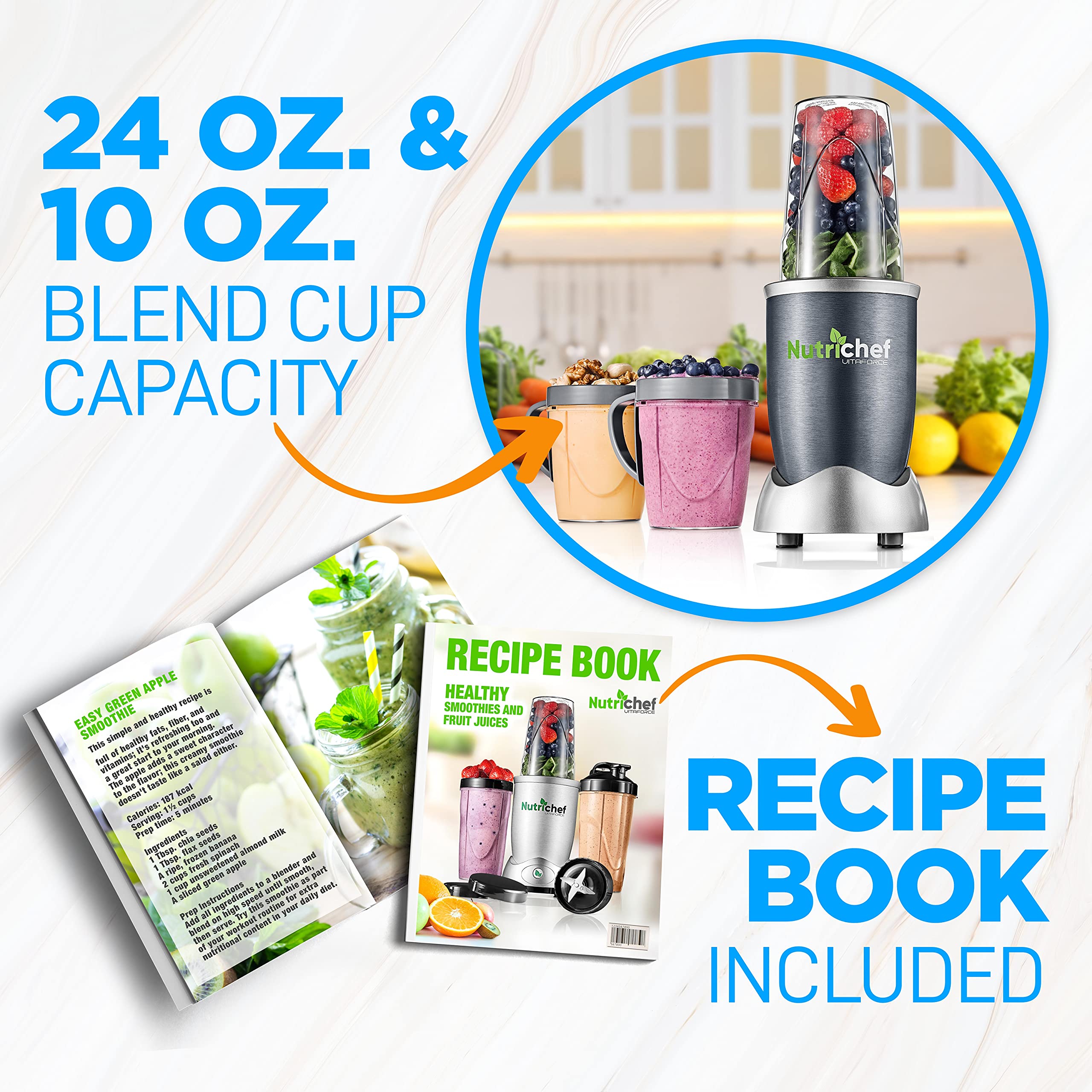 NutriChef NCBL60 600W Personal Electric Blender - Single Serve Mini Blender for Smoothies, Shakes & Protein Drinks - Compact Countertop Blender with Pulse Function, Travel Cups (10oz & 20oz) - Perfect for Kitchen, Office & Gym Use