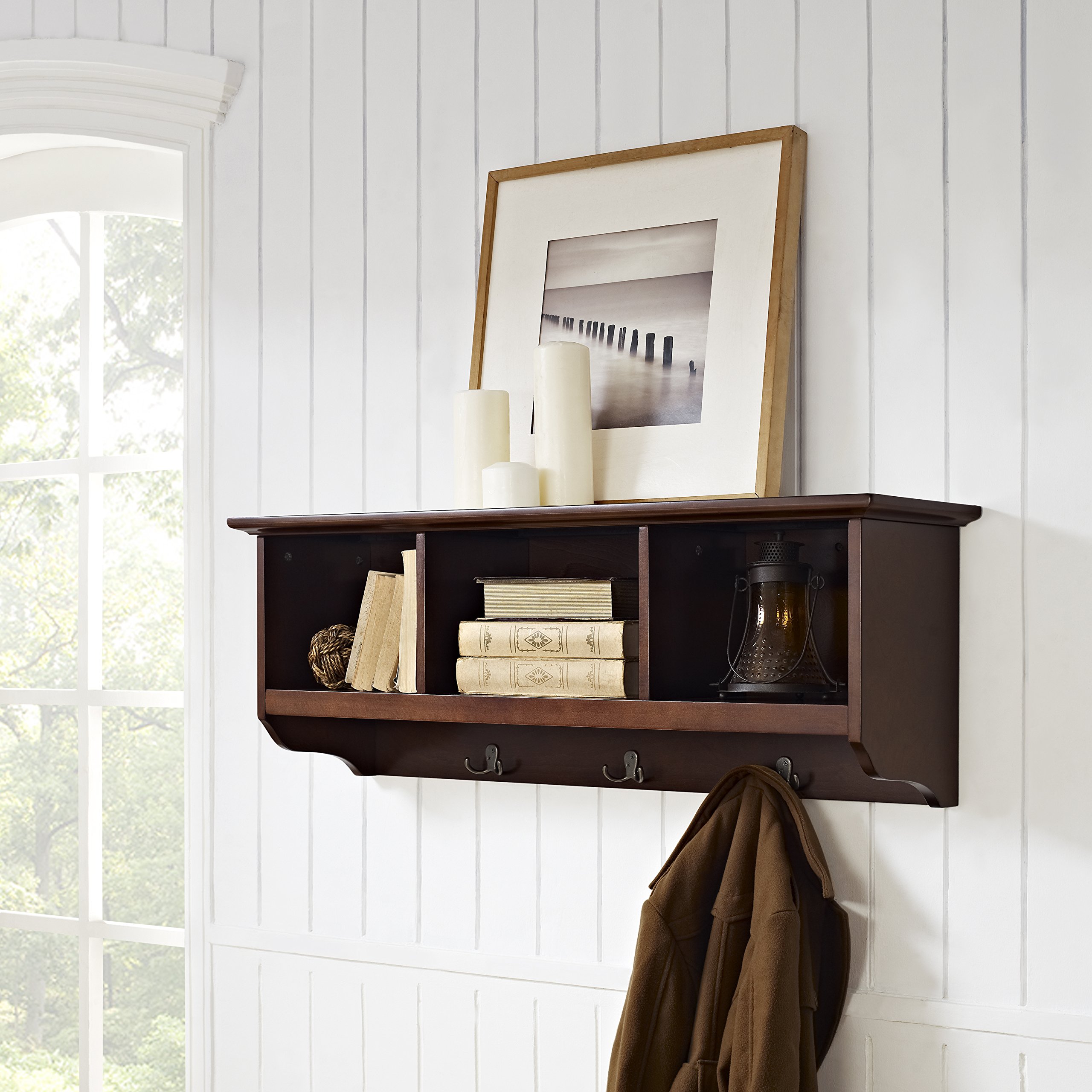 Crosley Furniture Brennan Vintage Mahogany Entryway Storage Wall Shelf with Coat Rack Hooks - Perfect for Hallway Organization & Hanging Coats, Hats & Bags