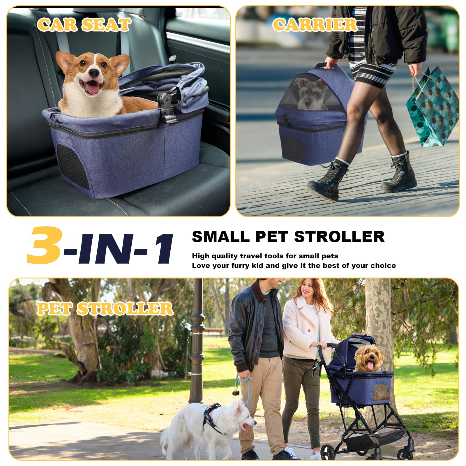 3 in 1 Dog Stroller - Lightweight Foldable Pet Carrier with 4 Wheels, Removable Travel Basket, No-Zip Canopy & Cup Holder - Perfect for Small/Medium Dogs & Cats - Ideal for Park Walks, Vet Visits & Shopping Trips - Blue