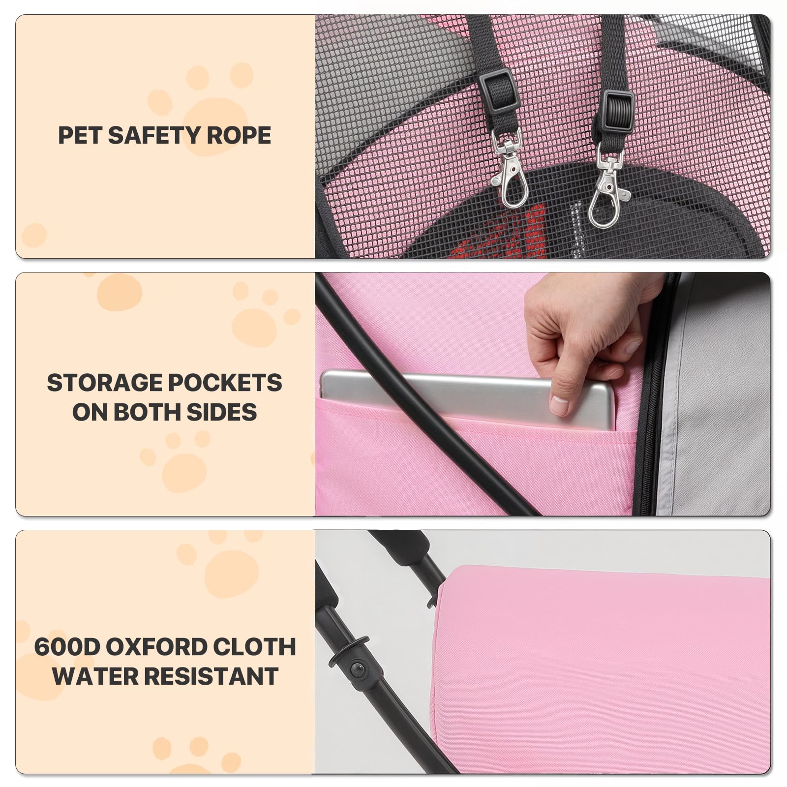 MoNiBloom Double Dog Stroller with Removable Carrier Bags - Large 4-Wheel Foldable Pet Jogger for Small & Medium Dogs & Cats (Pink/Gray) - Perfect for Park Walks, Vet Visits & Outdoor Adventures