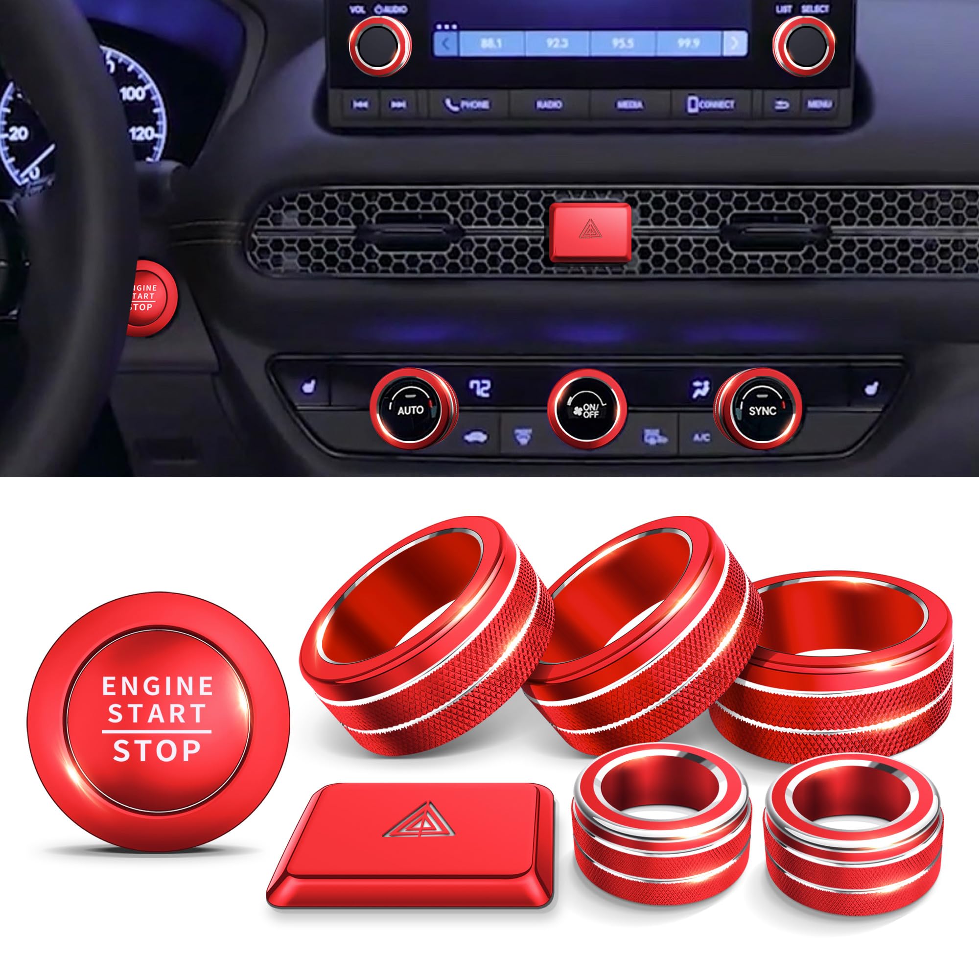 2022-2025 Honda Accord/HRV/CRV/Civic Interior Accessories Kit - 8pcs AC Knob Cover, Volume Control, Warning Lights & Push Start Button Trim Ring (Red) | Car Dashboard Decoration & Protection