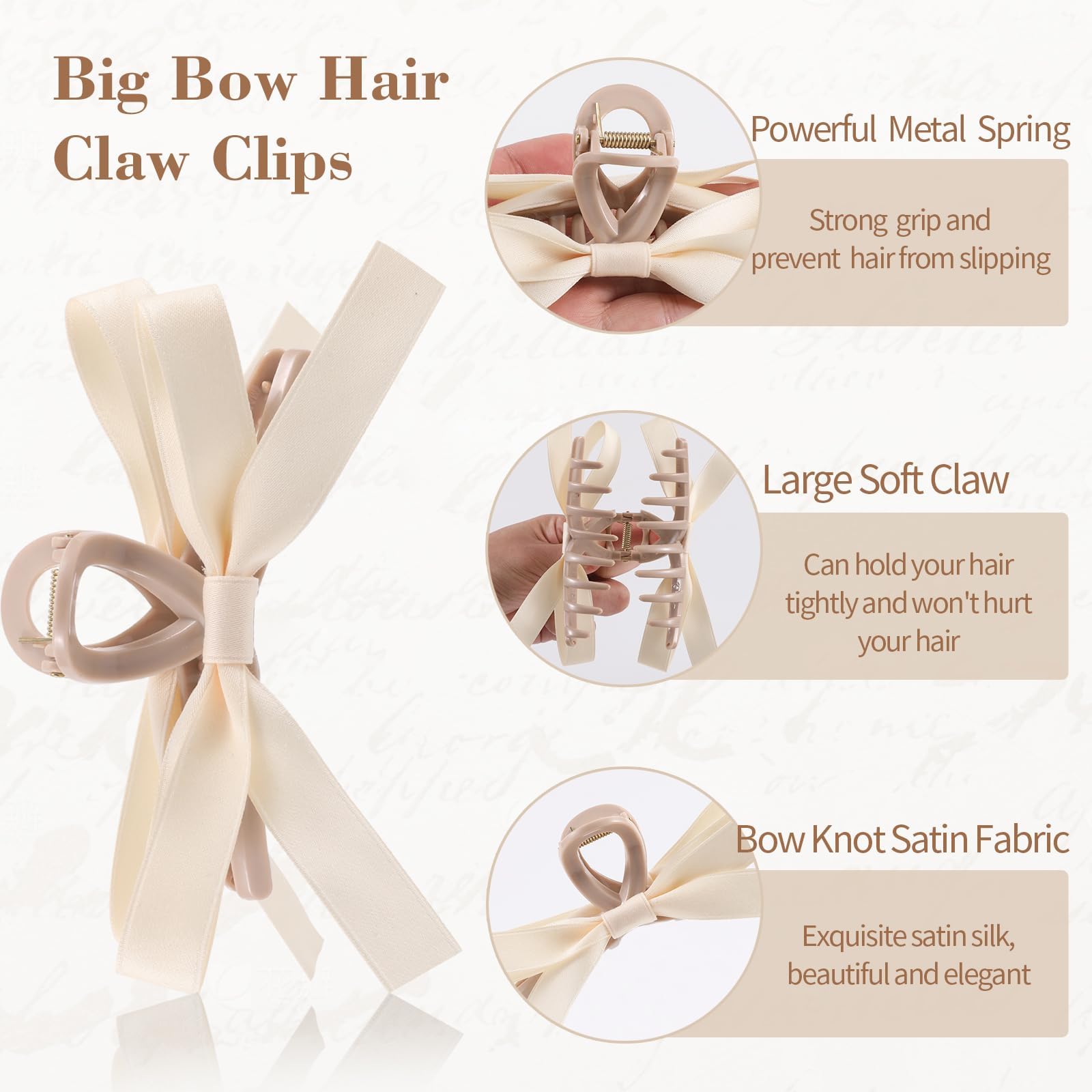 Auseibeely 6 PCS Silky Satin Bow Hair Clips - Non-Slip Hair Accessories for Women & Girls, Perfect for Thin & Thick Hair - Ideal for Weddings, Bridesmaids, Parties & Everyday Styling