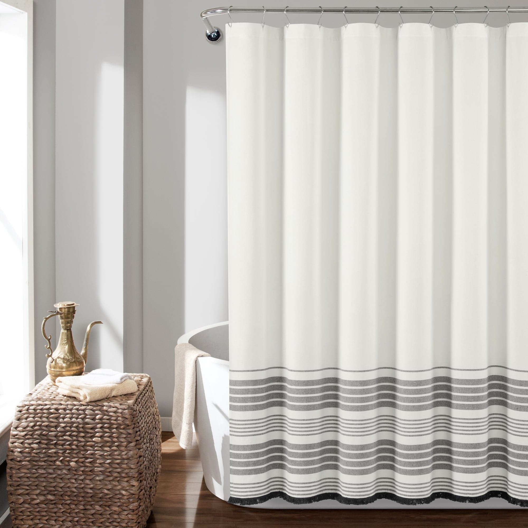 Nantucket Yarn Dyed Tassel Fringe Shower Curtain - Coastal Bathroom Decor for Beach House, Farmhouse & Boho Style