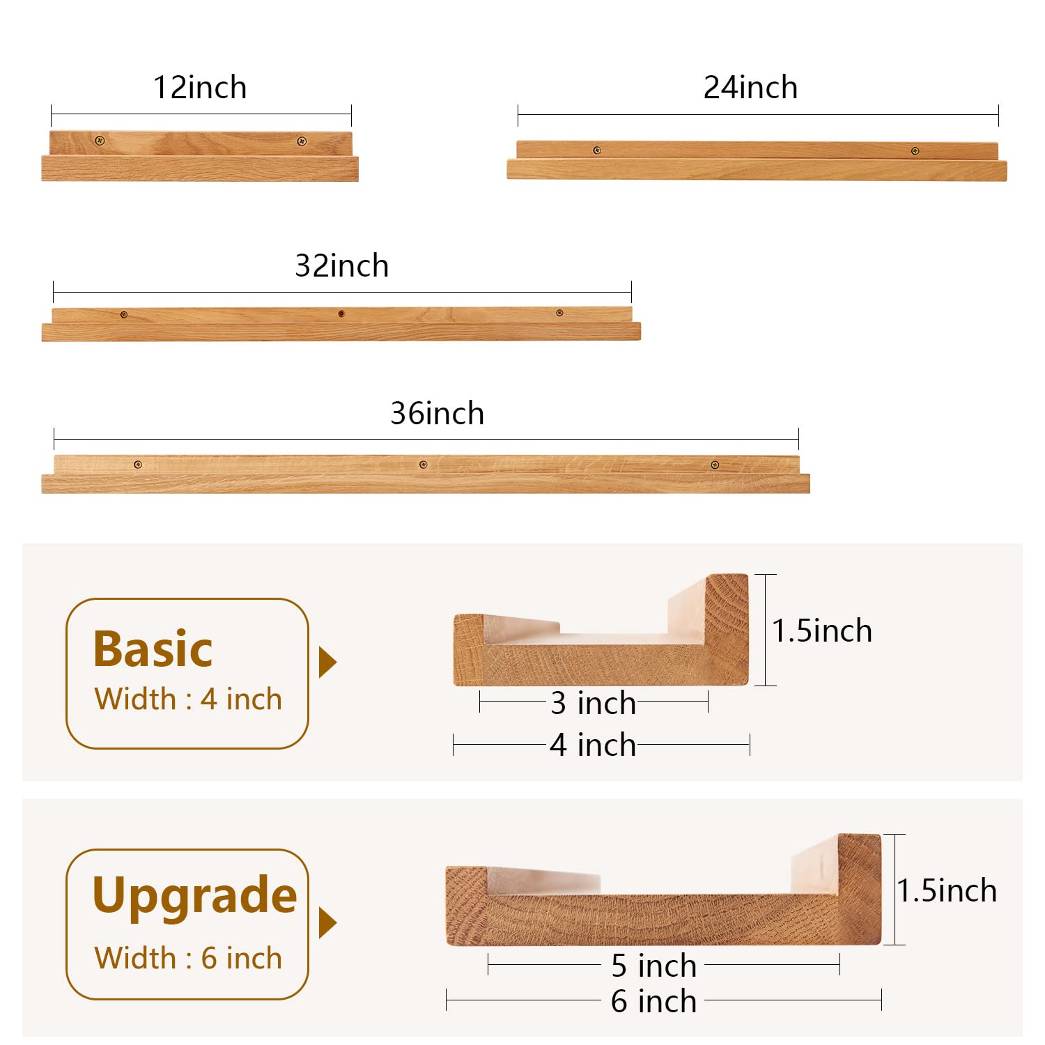 Natural Oak Wood Floating Shelves - 12 Inch Wall Shelf with 6