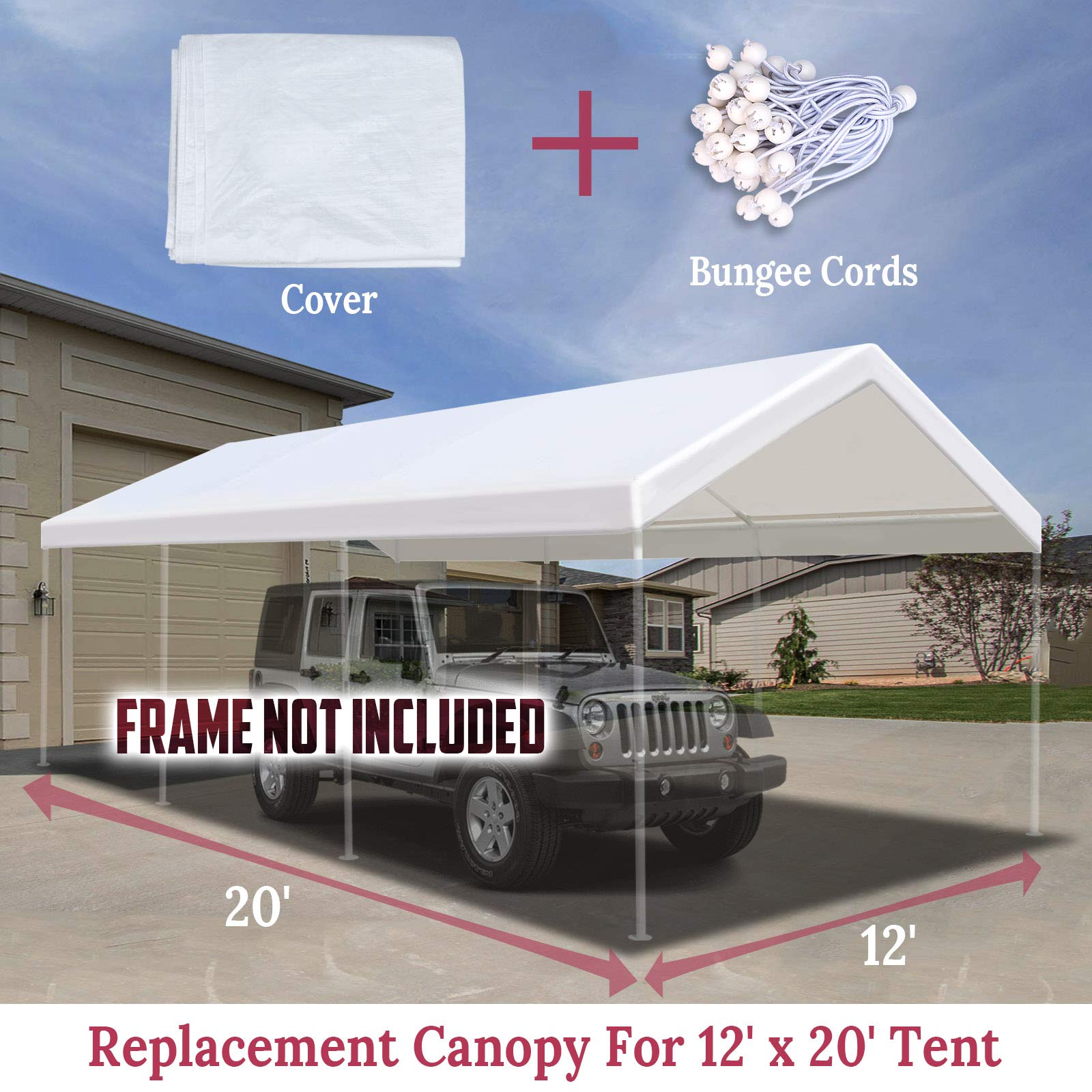 BenefitUSA 12x20 FT Heavy Duty Carport Canopy Tent Replacement Cover - Waterproof UV Protection Tarp with Ball Bungees & Reinforced Edges - Perfect for Car Shelter, RV Cover, Outdoor Storage & Event Canopy
