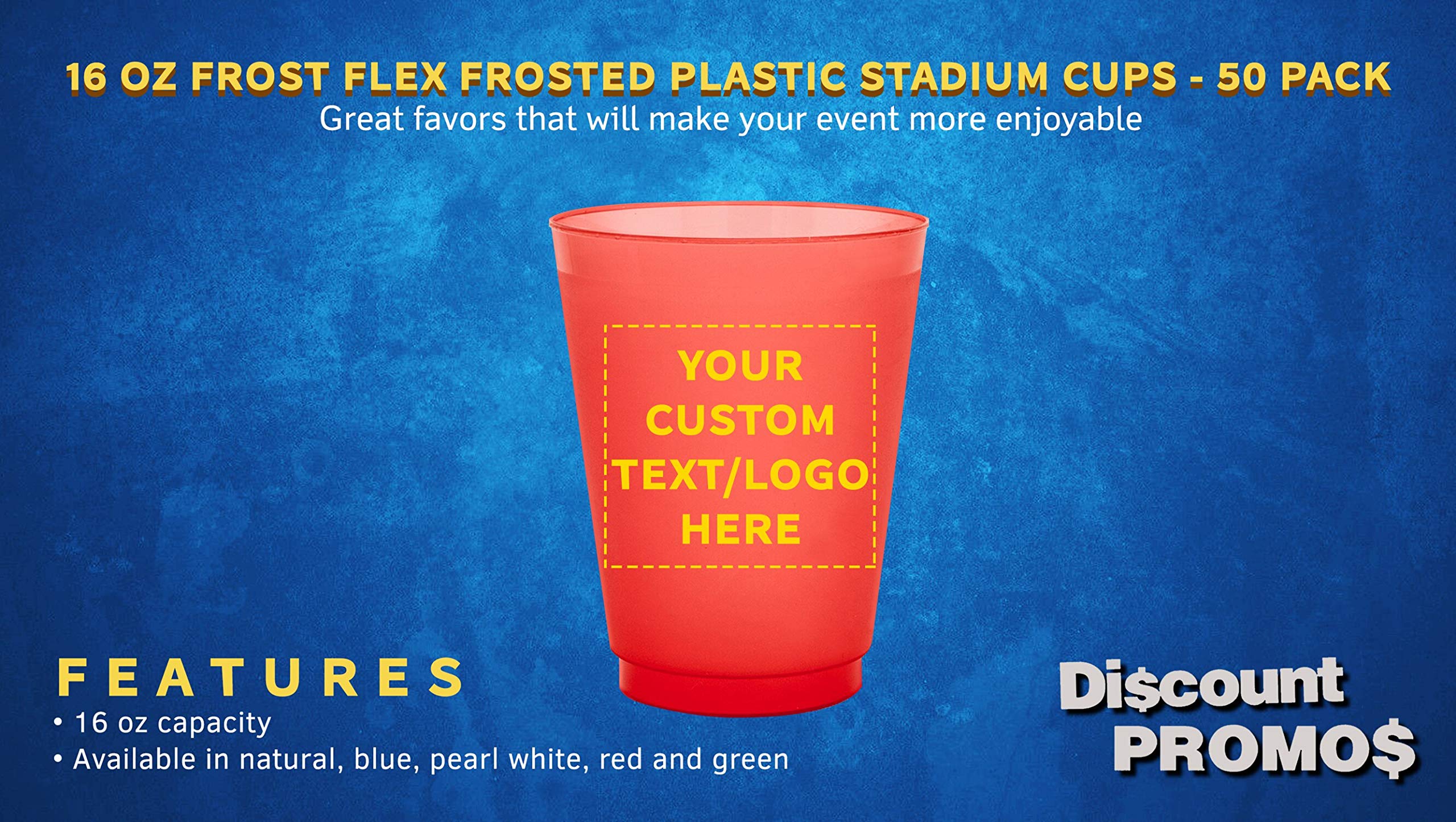 Custom Frosted Plastic Stadium Cups 50 Pack - Personalized with Logo & Promotional Text - 16 oz Shatterproof Reusable Party Cups for Sports Events, Tailgating & Outdoor Gatherings - Red