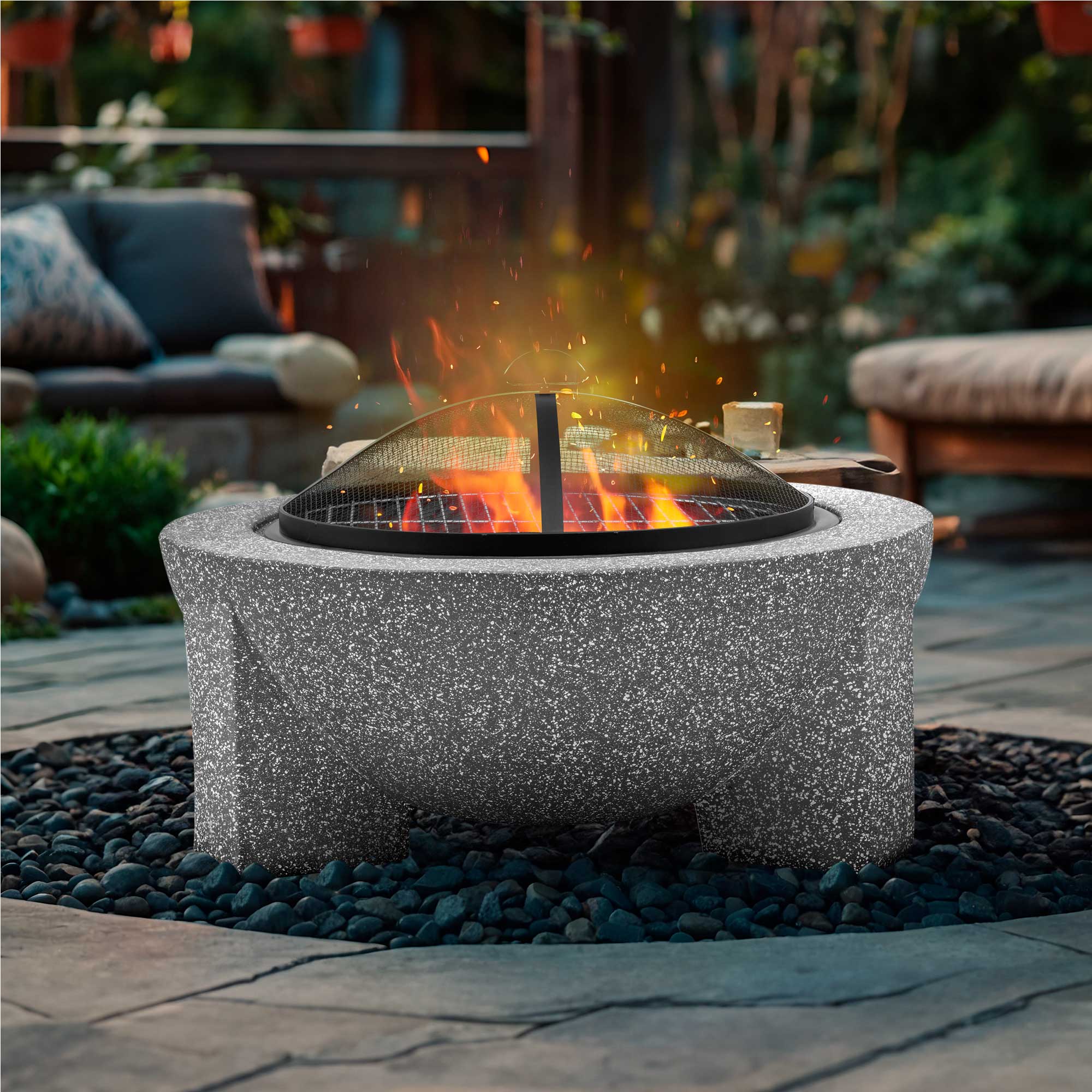 Round 75cm Magnesium Oxide Fire Pit with BBQ Grill & Safety Mesh Screen - Light Grey Outdoor Fireplace for Backyard, Patio, and Camping (DG190)