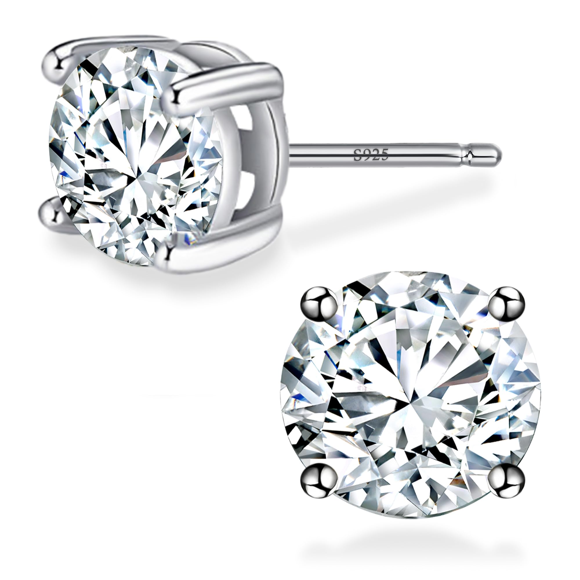 Hypoallergenic 925 Sterling Silver Stud Earrings for Women & Men - Round Cubic Zirconia CZ Ear Studs (6mm) - Perfect for Sensitive Ears, Everyday Wear & Gift Giving