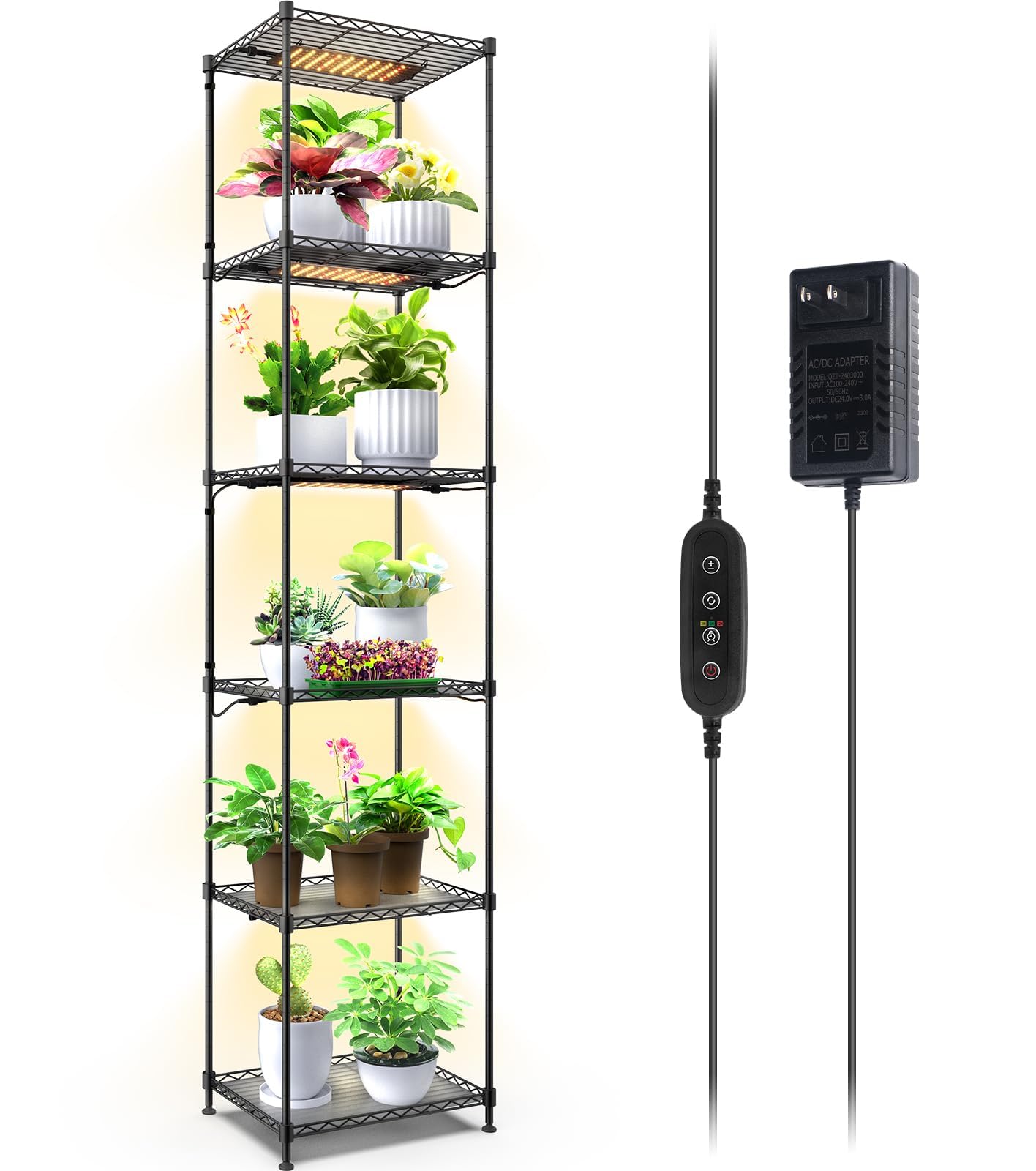 Barrina 6-Tier Plant Stand with 5-Pack 50W Full Spectrum Grow Lights - Adjustable 3 Modes & Auto Timer, Ultra-Thin LED Panel - 15.7