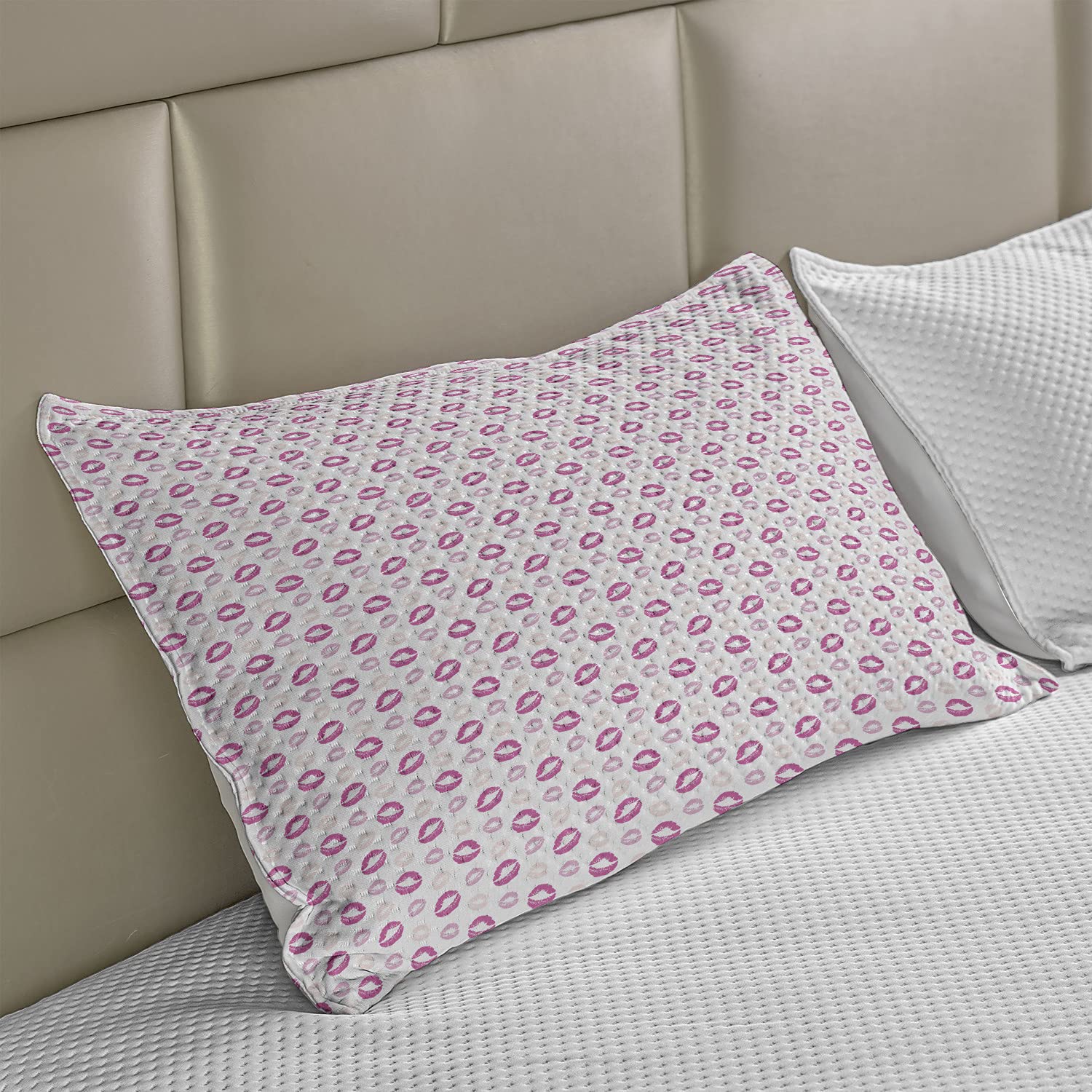 Lunarable Kiss Knitted Quilt Pillow Cover - Grunge Lipstick Print Cosmetic Makeup Design for Valentine's Day - Standard Queen Size 30x20 Inches - Pale Peach & Pink Bedroom Decor - Perfect for Romantic Gifts, Home Decor, and Cozy Bedroom Styling