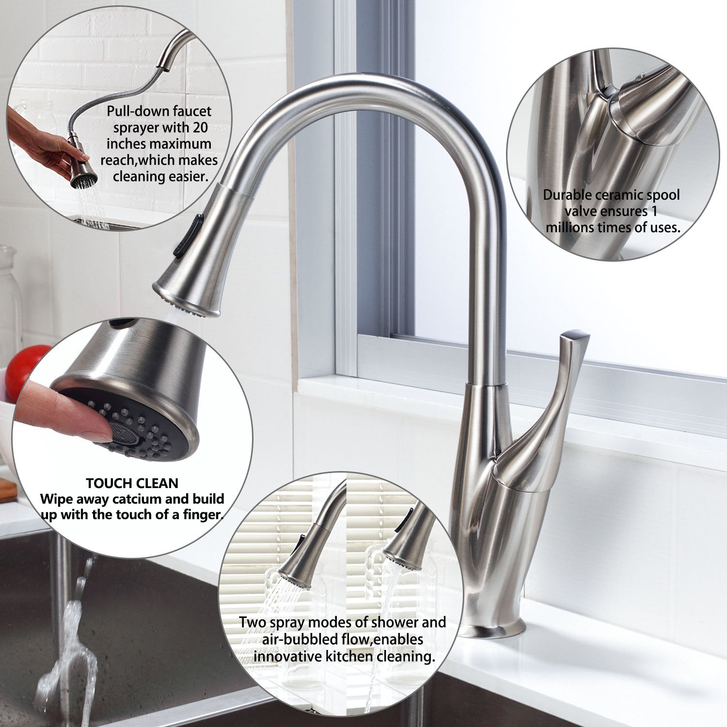 Lordear Stainless Steel Flower Vase Design Pull Down Kitchen Faucet - Modern Touchless Water-Saving Sink Faucet for Home & Restaurant Use