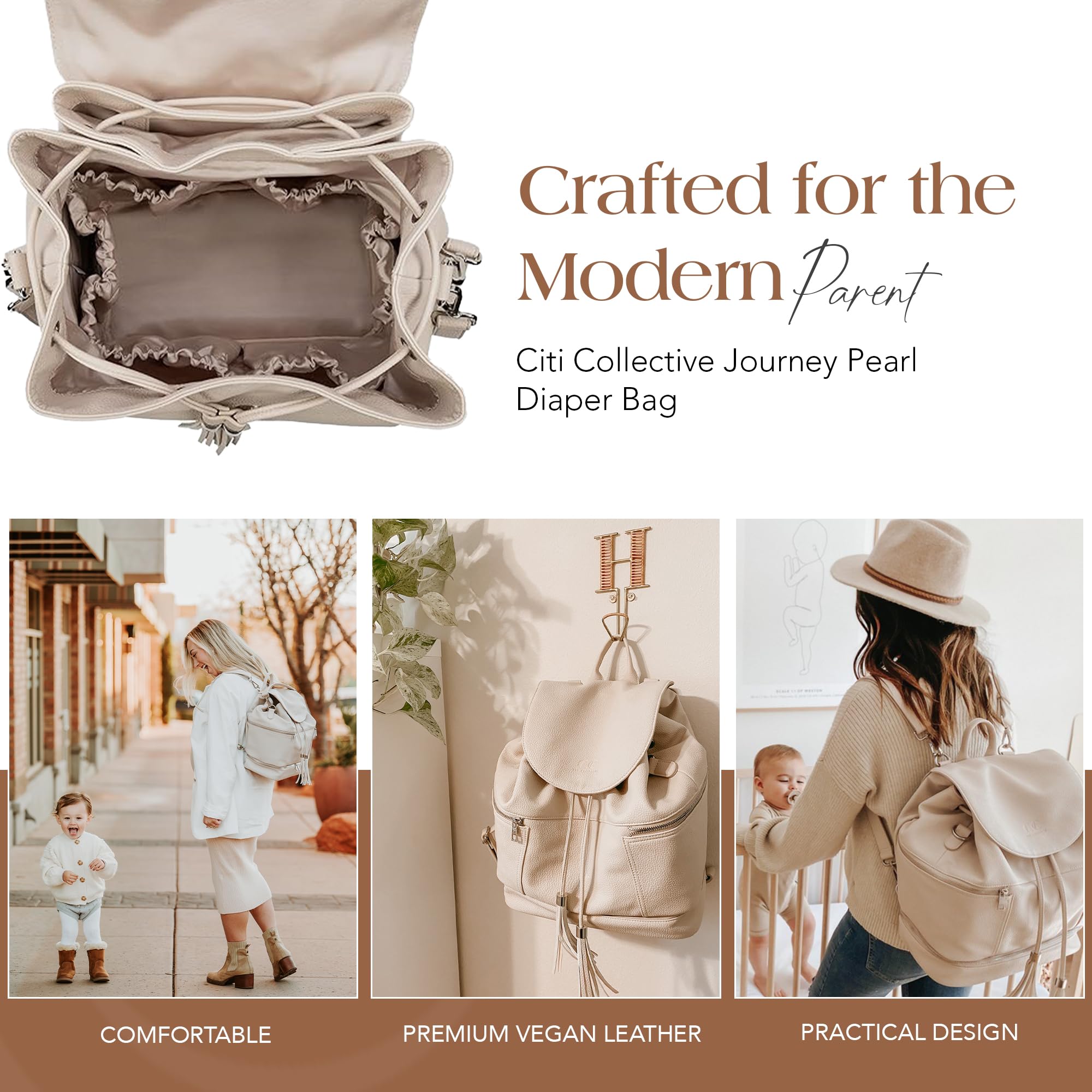 Citi Collective Journey Pearl Vegan Leather Diaper Bag Backpack - Stylish Multifunctional Travel Baby Bag with Changing Pad, Stroller Straps & Insulated Bottle Pockets | Perfect for Moms On-The-Go, Air Travel & Daily Outings with Baby