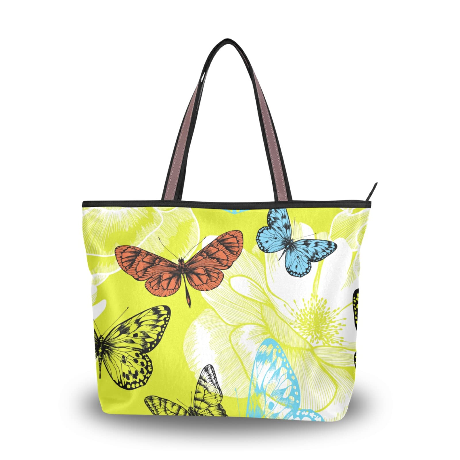 Stylish Large Capacity Tote Bag with Roses & Butterflies Print - Women's Zippered Grocery Bag for Shopping, Work & Daily Use (2 Sizes Available) - Perfect for Groceries, Beach Trips & Office Commute