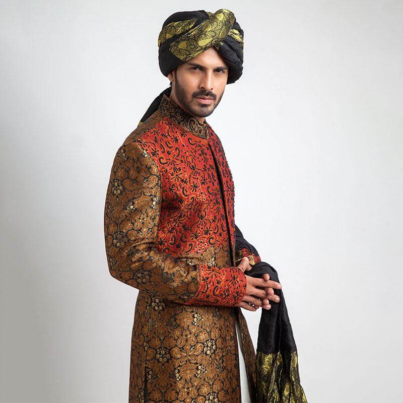 Antique Gold & Black Pure Brocade Jamavar Sherwani for Men | Elegant Indian Wedding Attire | Perfect for Grooms, Festivals & Special Occasions