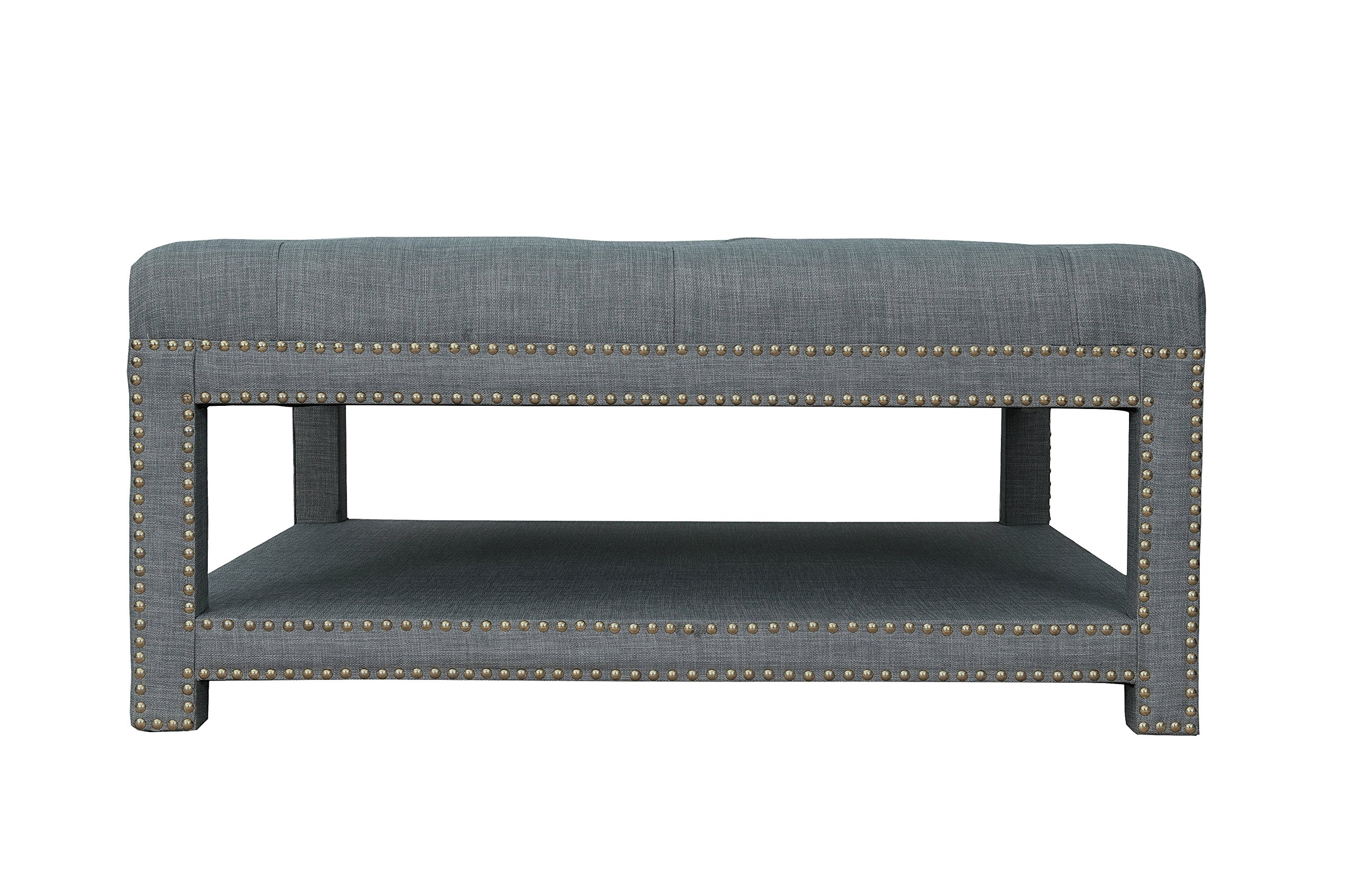 Bina Coffee Table Ottoman - 2-Layer Tufted Linen Bench with Nailhead Trim for Living Room