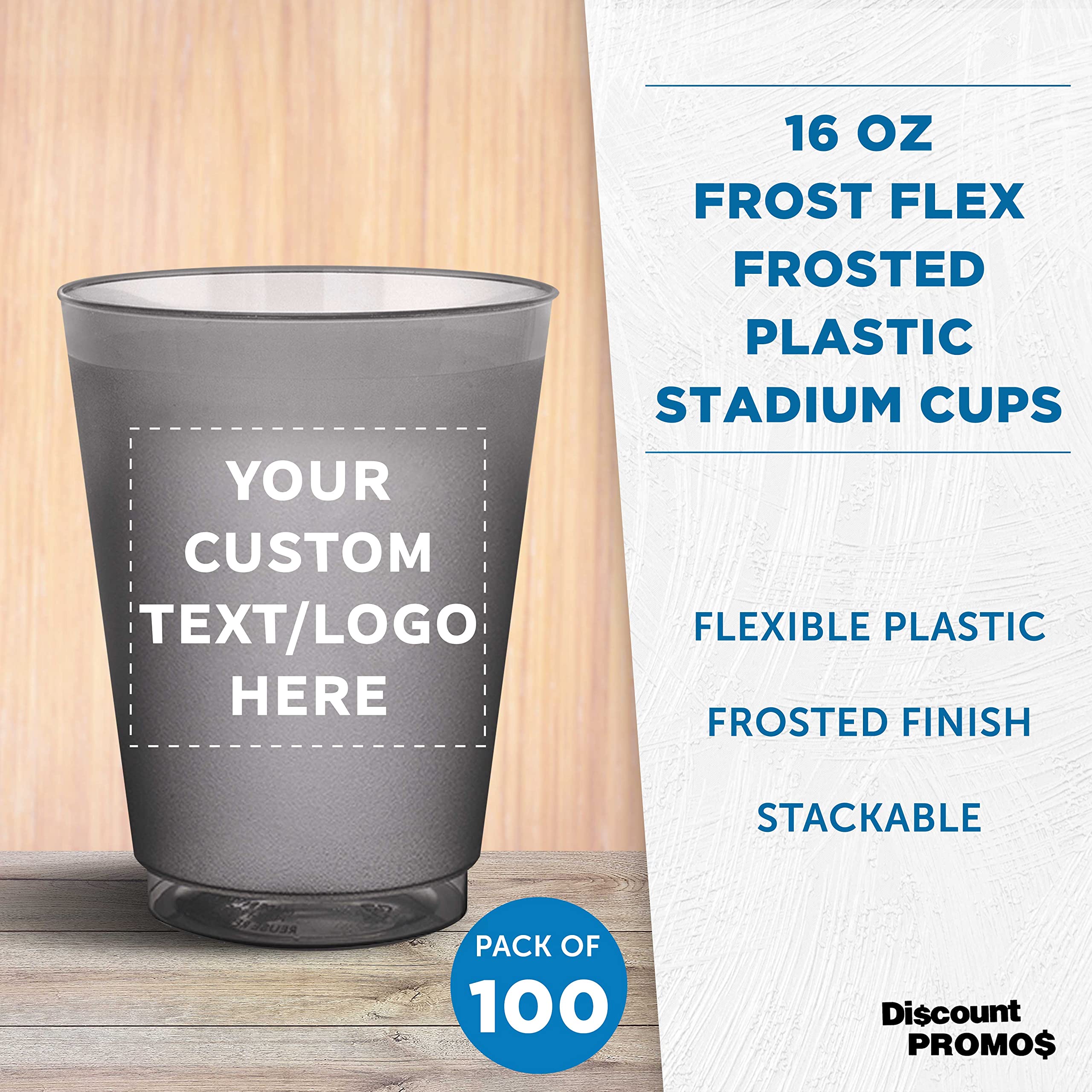 Custom Frosted Plastic Stadium Cups - 100 Pack with Promotional Text & Logo - 16 oz Shatterproof, Flexible, Reusable Party Cups - Perfect for Tailgates, BBQs, and Outdoor Events - Smoke Color