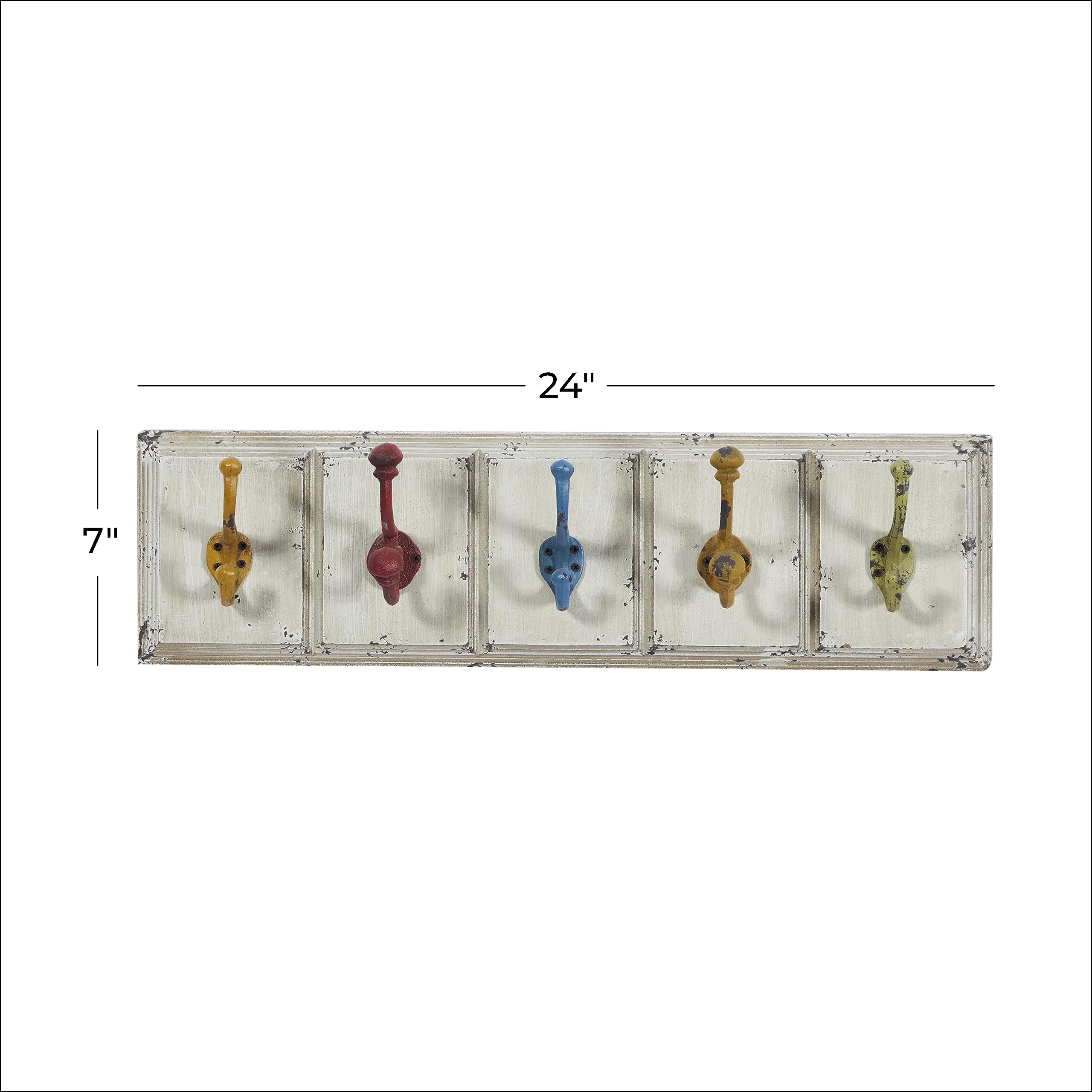 Deco 79 Wooden Wall Hooks with Multi-Colored Hangers - 5 Pack, 24