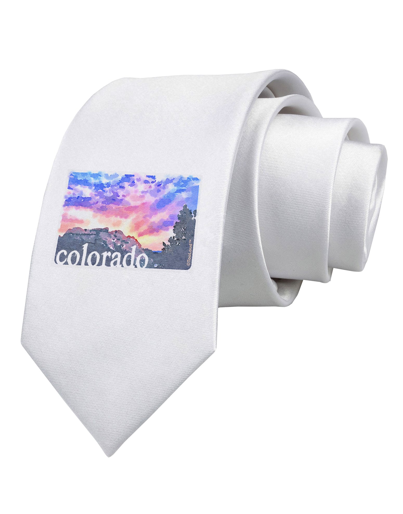 TooLoud CO Rainbow Sunset Watercolor Printed White Necktie - Stylish Men's Fashion Accessory for Weddings, Parties & Business Meetings