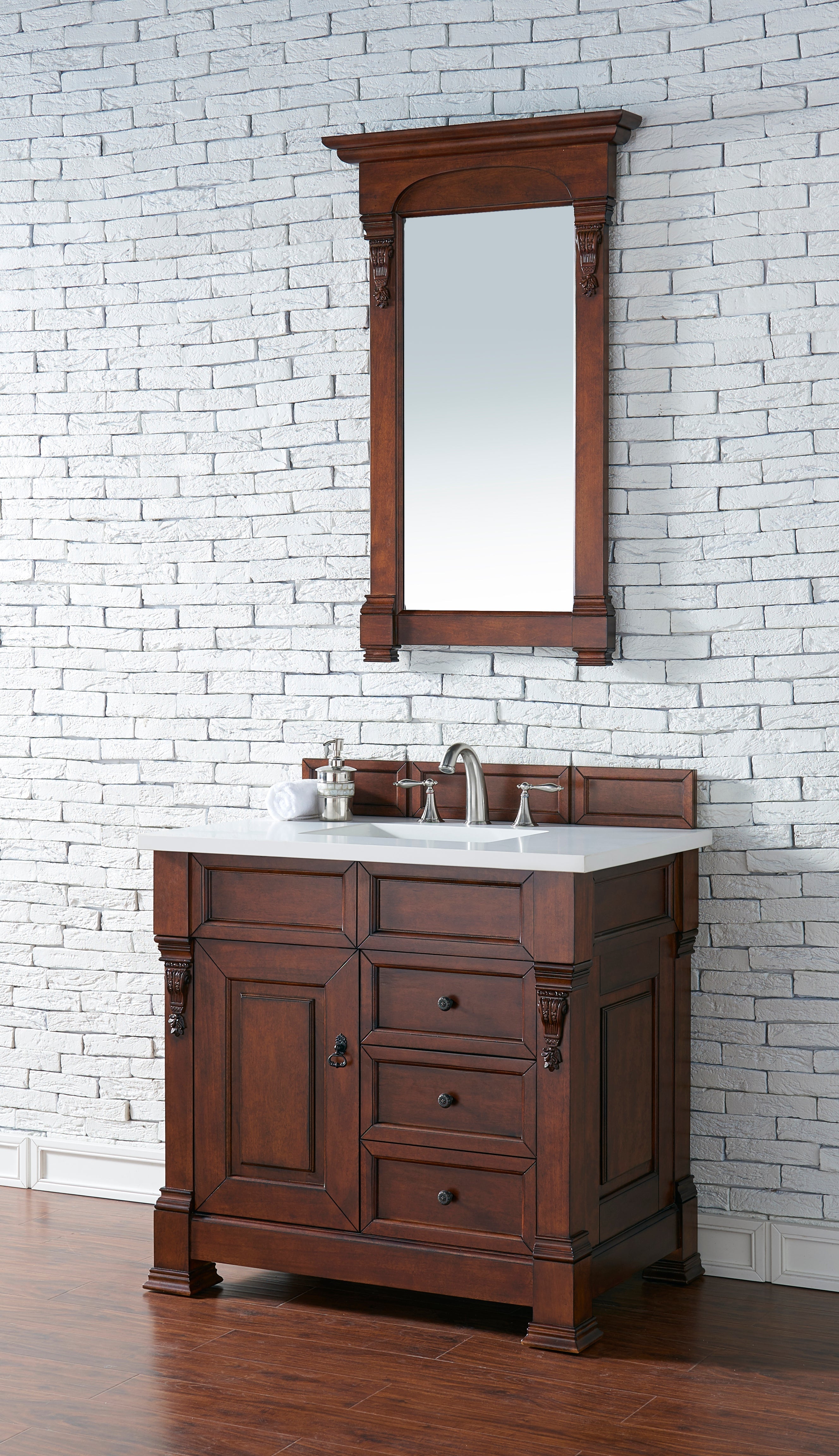 Brookfield 36-Inch Warm Cherry Wood Bathroom Vanity with 3CM Classic White Quartz Countertop - Perfect for Modern Master Bathrooms & Powder Rooms