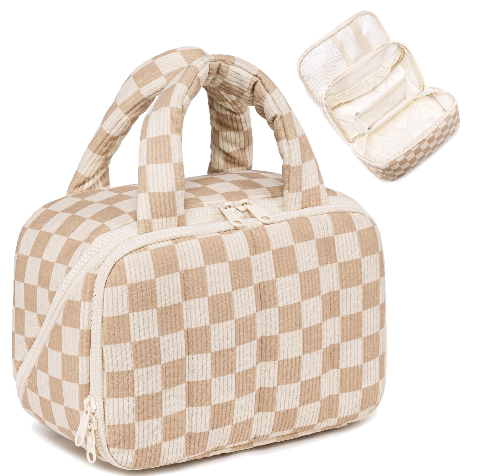 Travel Toiletry Bag for Women - Large Capacity Waterproof Cosmetic Organizer with Wide Opening | Lightweight Quilted Makeup Bag for Essentials | Perfect for Air Travel, Gym & Vacation (Checkered Brown)