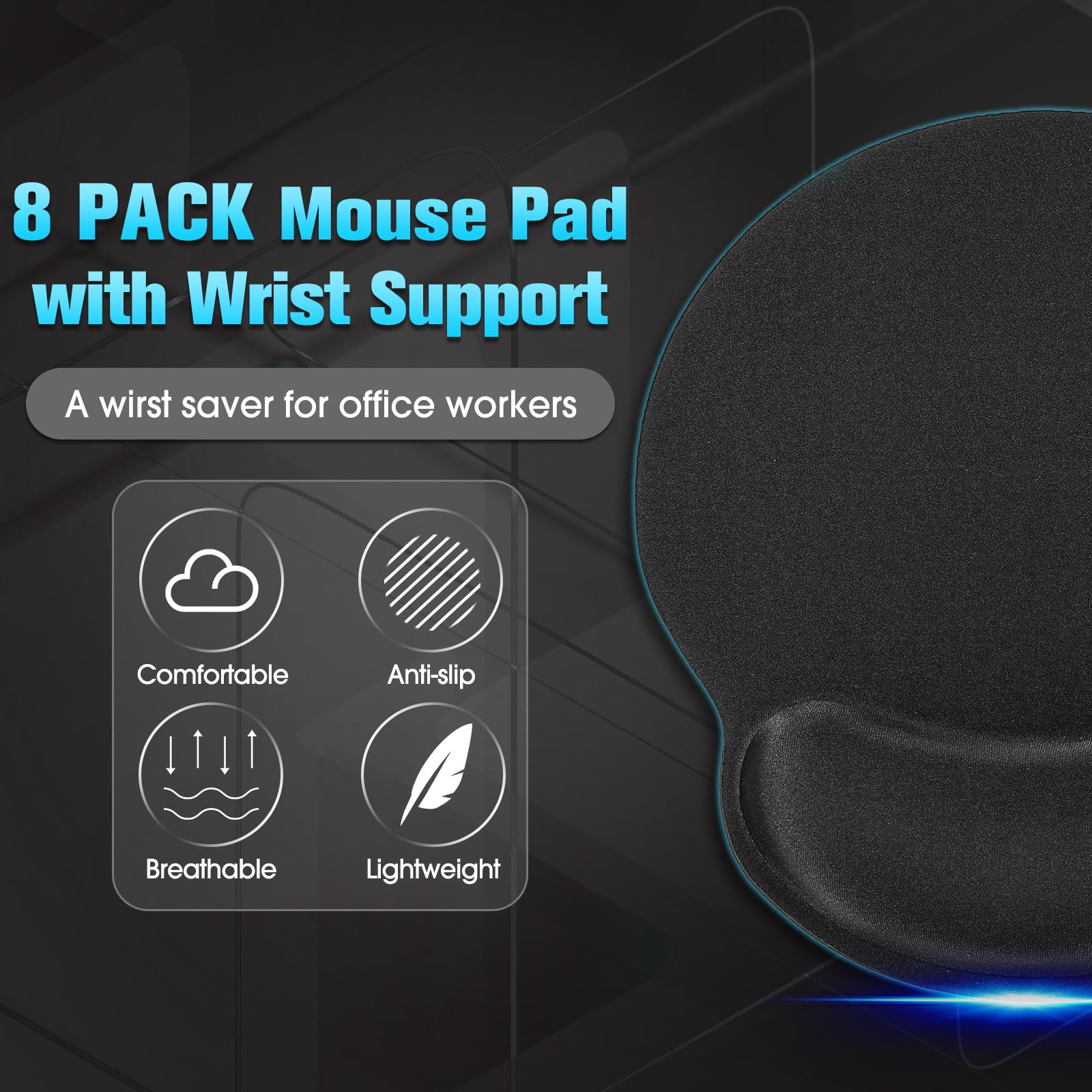 **Yunsailing 8-Pack Ergonomic Mouse Pad with Wrist Rest – Gel Memory Foam for Pain Relief – Comfortable Computer & Laptop Mouse Pad for Office, Gaming, and Home Use (Solid Black)**