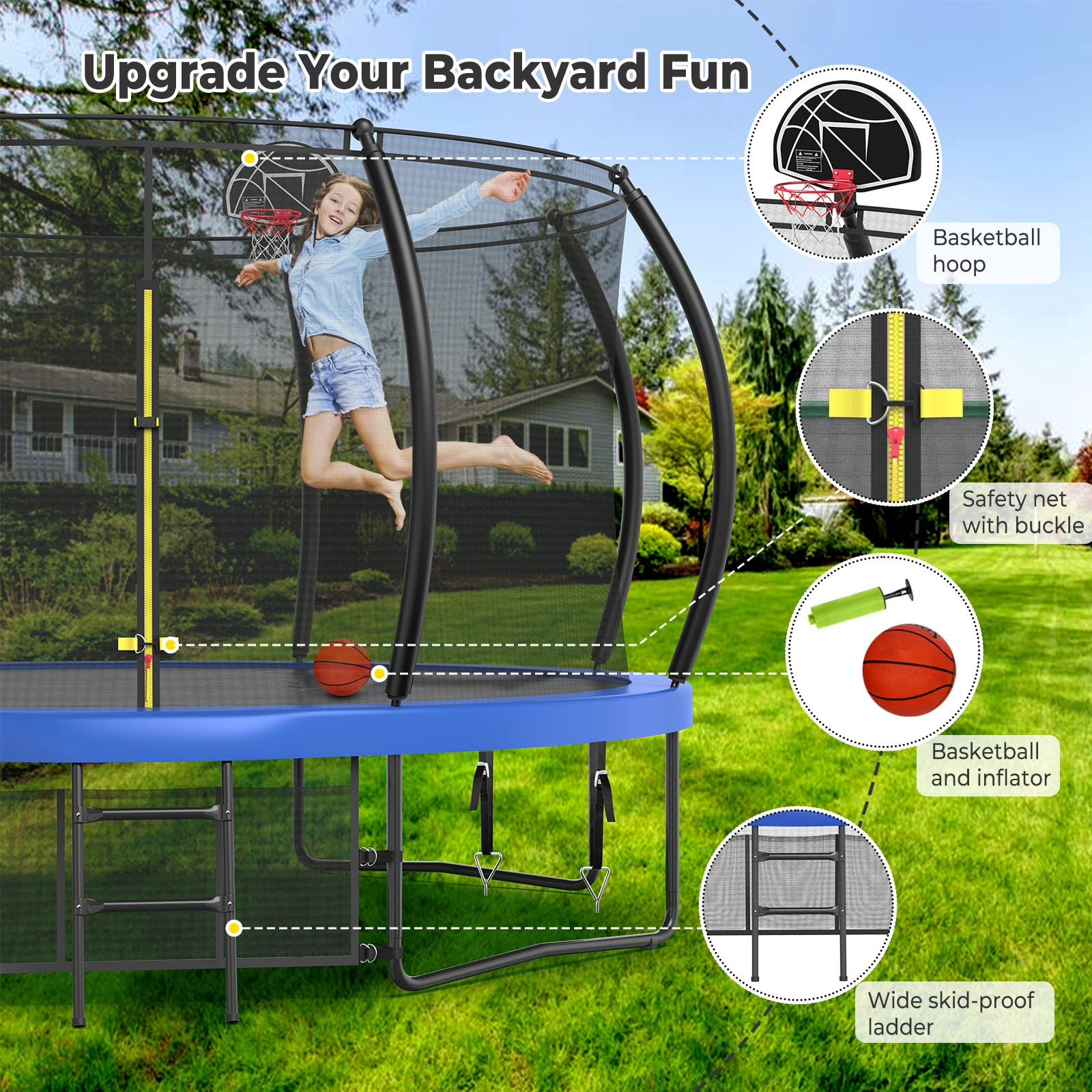 10FT 12FT 14FT 15FT 16FT Large Outdoor Trampoline with Basketball Hoop & LED Lights - Heavy Duty Recreational Trampoline for Kids & Adults with Safety Net, Sprinkler & Anchor Stakes | Perfect for Backyard Fun, Exercise & Family Outdoor Activities