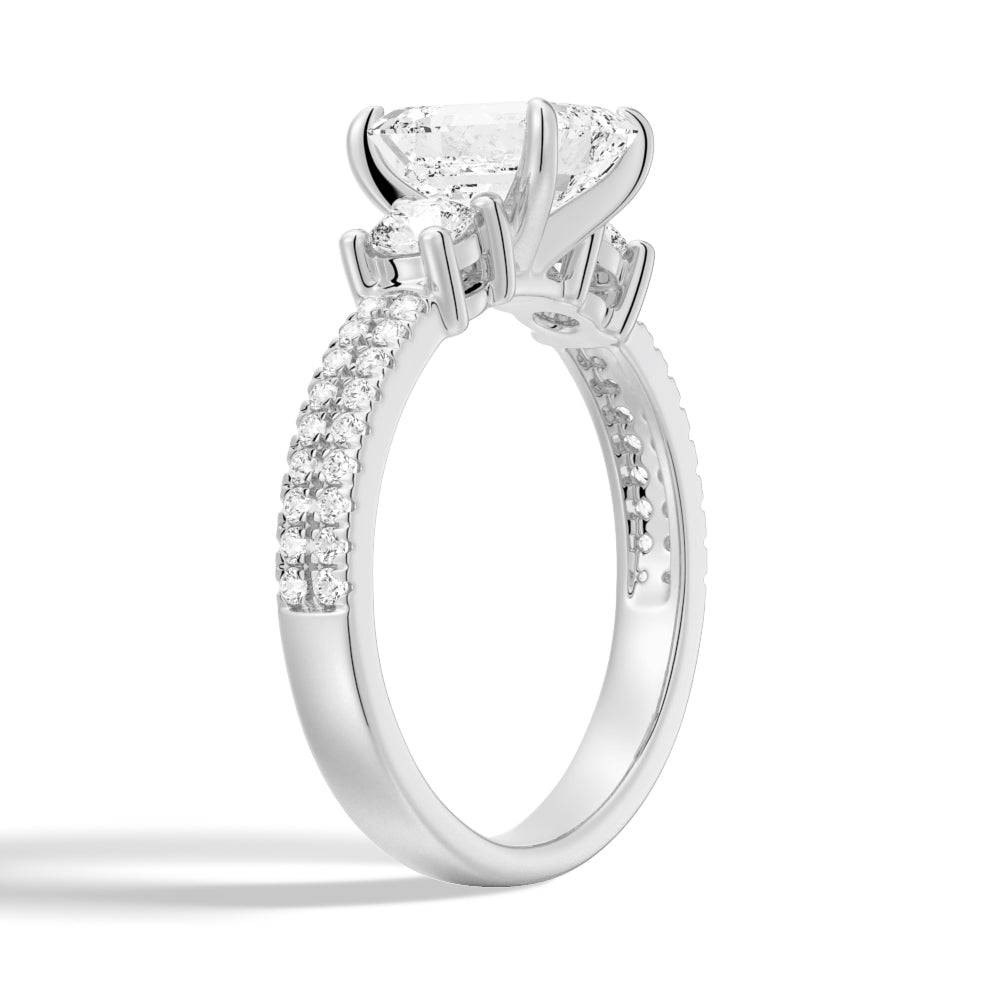 Exquisite Double Row Pave Three Stone Emerald Cut Moissanite Engagement Ring for Women | Sparkling Wedding, Proposal & Anniversary Jewelry Gift