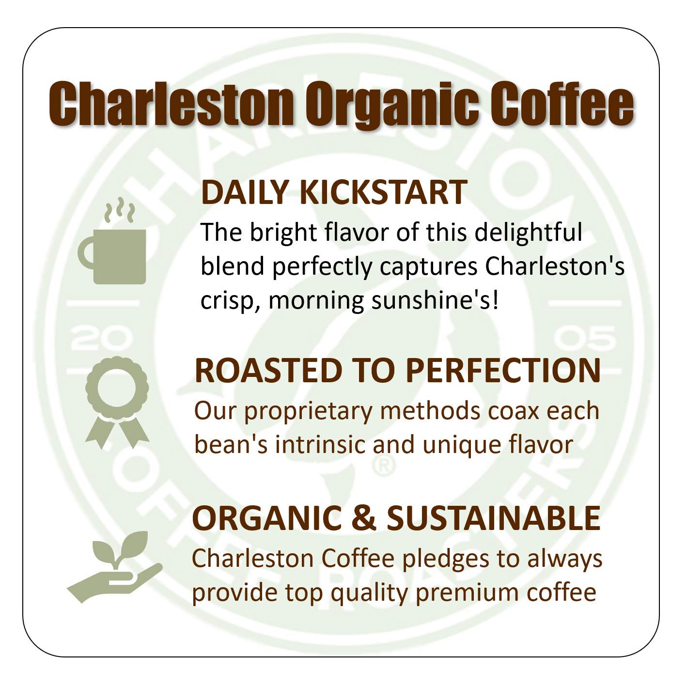 Charleston Coffee Roasters Organic Whole Bean Coffee - Premium Hand Picked Slow Roasted Specialty Coffee Beans, Medium Roast, 12oz (6 Pack) - Perfect for Home Brewing, Office Use & Gifts