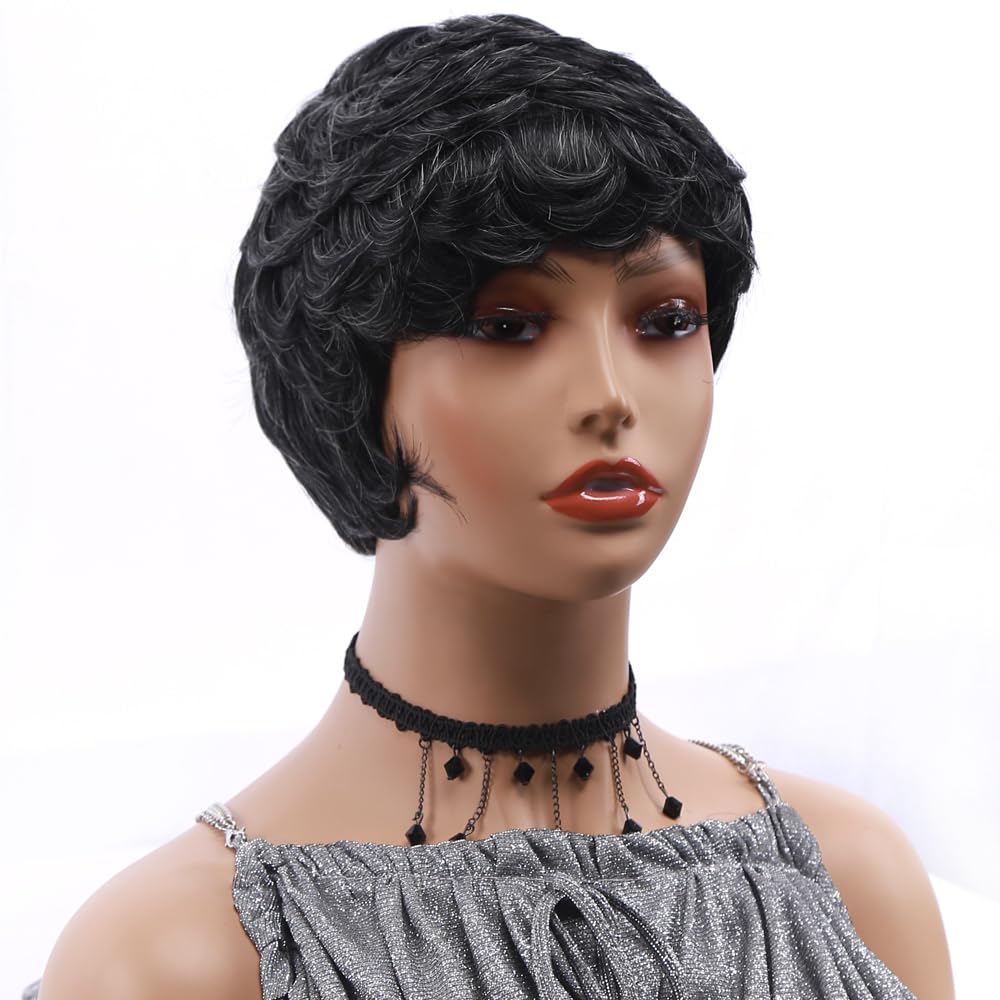 Short Pixie Wigs for Women - Black & Gray Synthetic Curly Hair Wig | Fashionable Full Wig Replacement for Everyday Wear & Cosplay | Perfect for Parties, Halloween & Costume Events