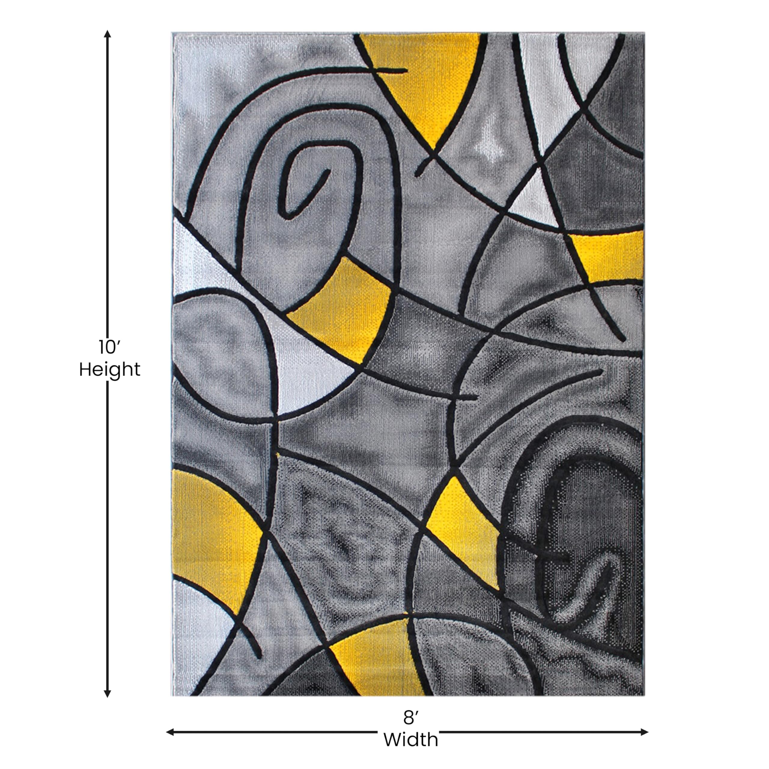 EMMA + OLIVER Modern Abstract Geometric Area Rug - Soft Plush Olefin Accent Rug with Gray Gradient & Yellow Accents - 8x10 Feet - Stain & Moisture Resistant - Perfect for Living Room, Bedroom or Office Decor
