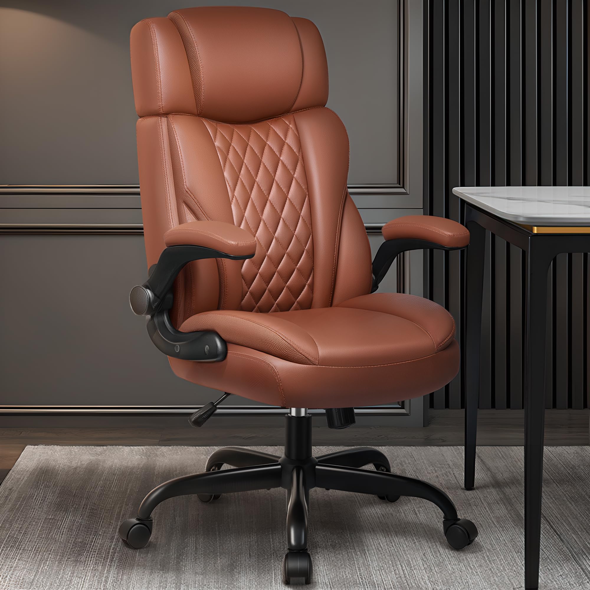 Ergonomic Executive Office Chair with Flip-Up Arms, Adjustable Headrest & Lumbar Support - Leather Desk Chair for Home Office, Computer Work & Gaming - Comfortable Rocking Function for All-Day Sitting