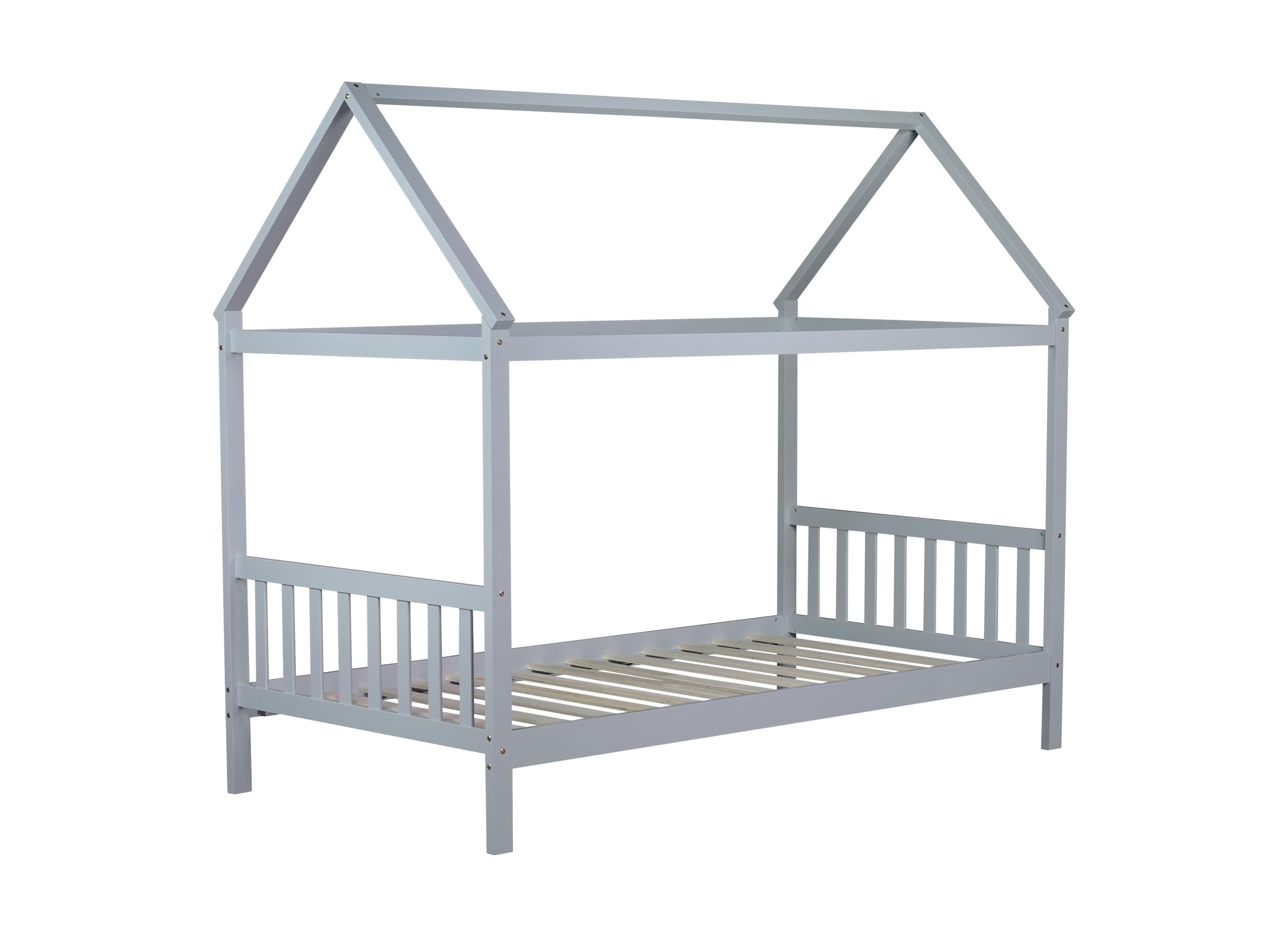 Montessori Twin Size Wooden House Bed Frame with Slats for Kids - Grey Floor Bed for Boys & Girls - Perfect for Bedrooms, Playrooms & Montessori Learning Spaces
