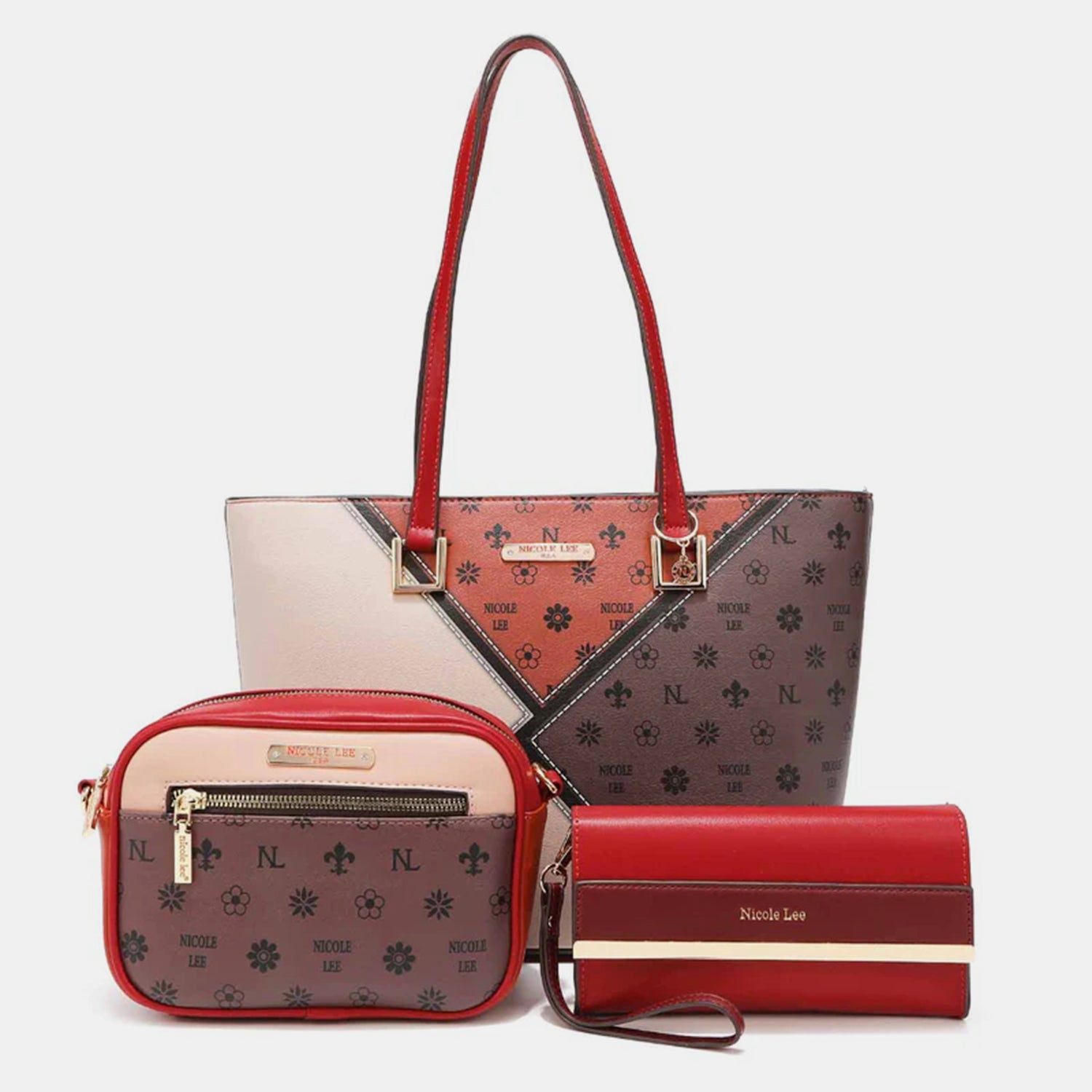 Nicole Lee USA 3 Piece Color Block Handbag Set - Trendy Women's Tote, Crossbody & Clutch Purse Combo for Work, Travel & Evening Out