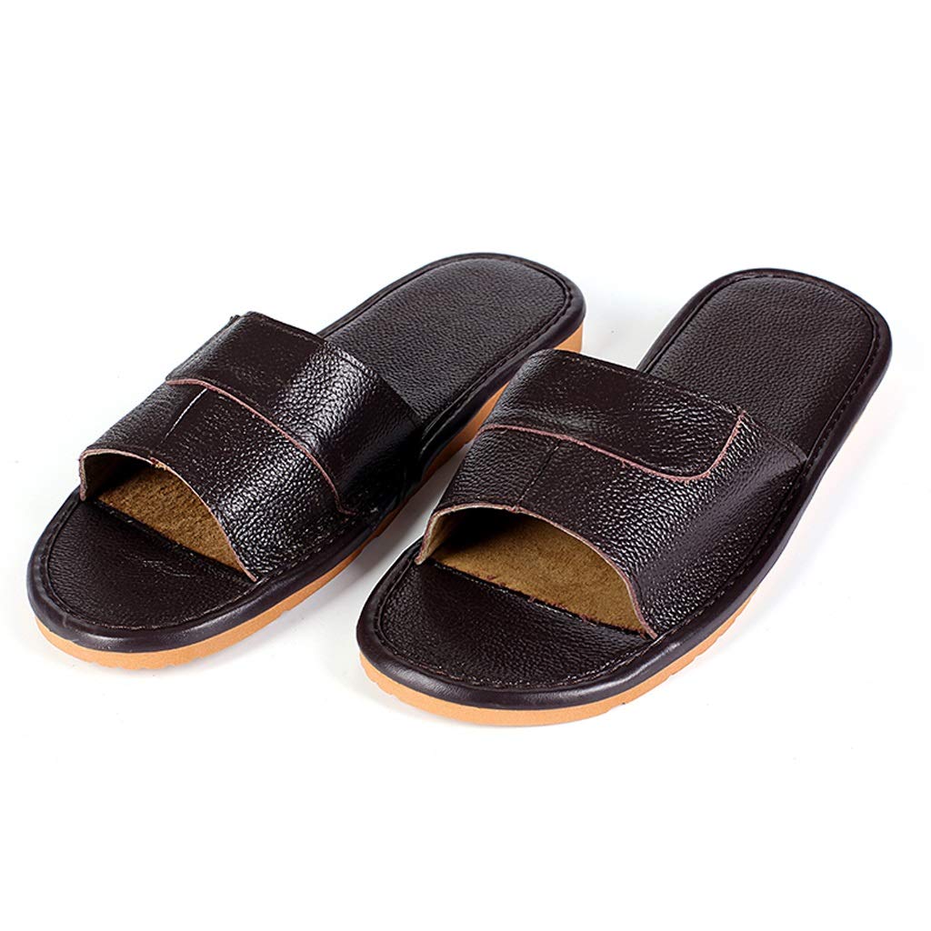 YHUA Men's Classic Leather Slippers - Comfortable Indoor Slides for Home & Relaxation - Dark Brown Leather Sandals Size 13 - Perfect for Lounging, Spa Days & Cozy Evenings