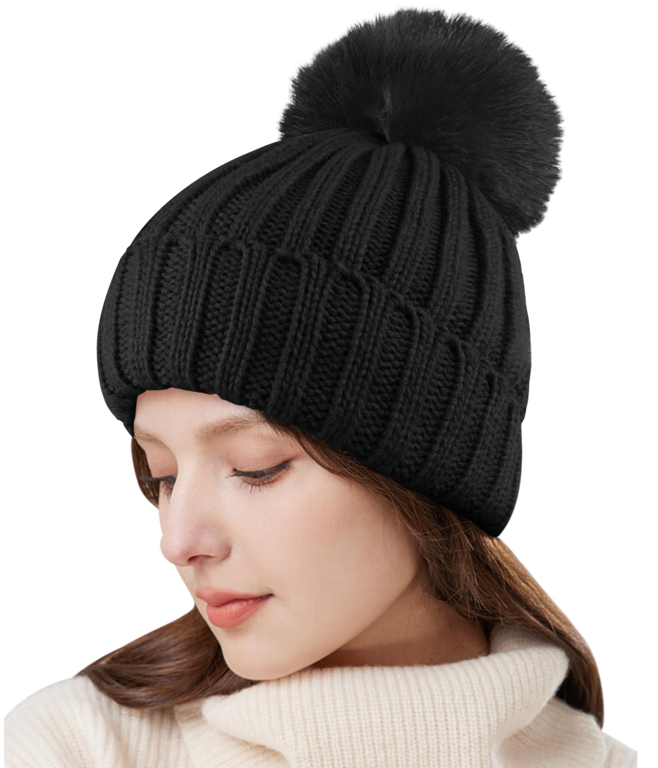 KEECOW Women's Winter Beanie Hats - Thermal Warm Knit Hat with Detachable Pom Pom for Outdoor Sports & Cold Weather Activities | Perfect for Skiing, Snowboarding, Hiking and Daily Winter Wear