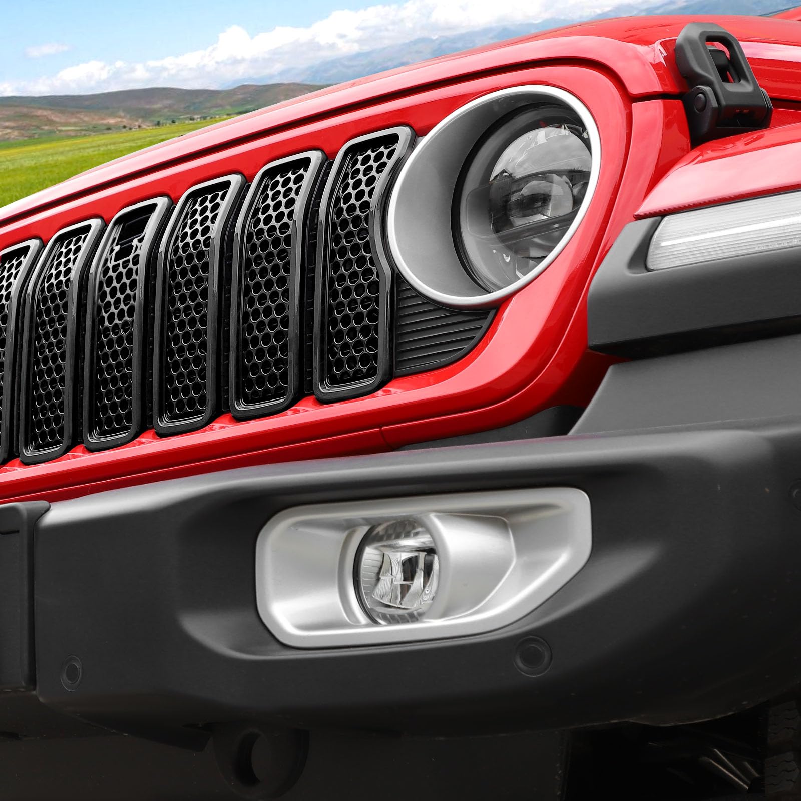 Black Front Grille Mesh Inserts with Camera Grill Decoration | Exterior Accessories for Jeep Wrangler JL/JLU & Gladiator JT (2024+) | Off-Road Protection & Custom Style Upgrade