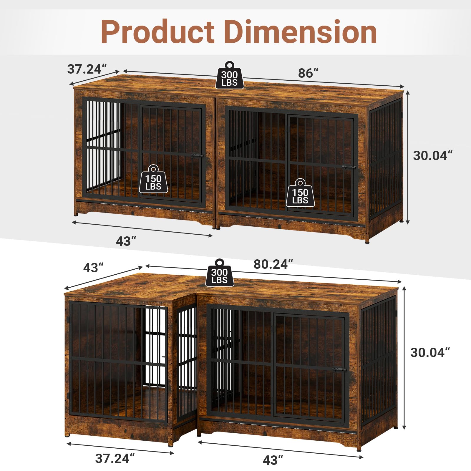 86 Inch Double Dog Crate Furniture with Divider - 4-in-1 Convertible Large Dog Kennel for 2 Dogs - Rustic Brown Corner Pet Crate for Small, Medium & Large Breeds - Perfect for Living Rooms, Bedrooms & Home Offices