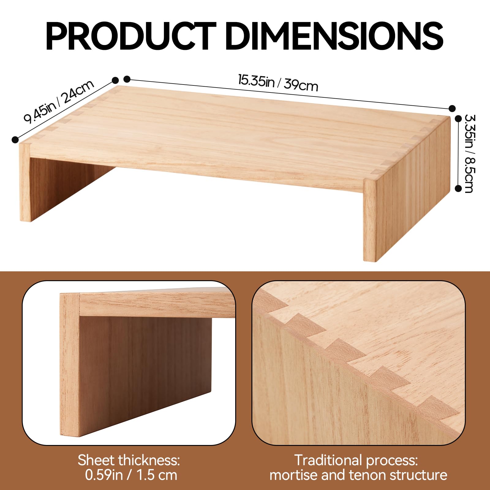 Premium Wooden Monitor Stand - Adjustable Desk Riser for Computer, Laptop & TV - Ergonomic Workspace Organizer with Storage Space - Natural Wood Finish (39