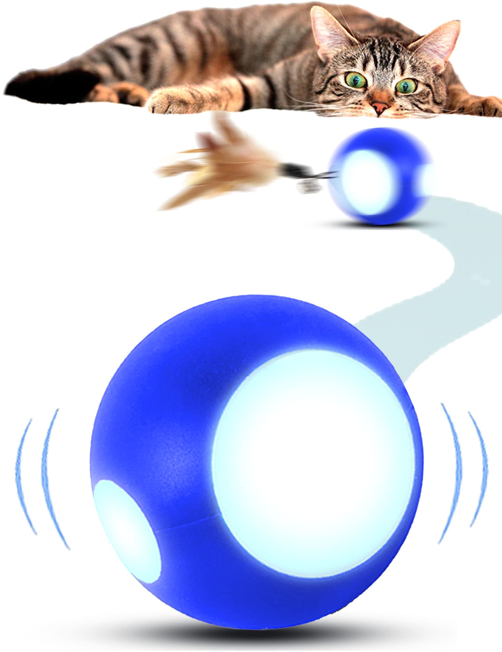 Interactive Cat Toy Ball with LED Lights & Feather Bell - Automatic Rolling Pet Toy for Cats & Small Dogs - Rechargeable Smart Ball for Indoor Play & Exercise - Blue Peppy Pet Ball for Kittens & Puppies
