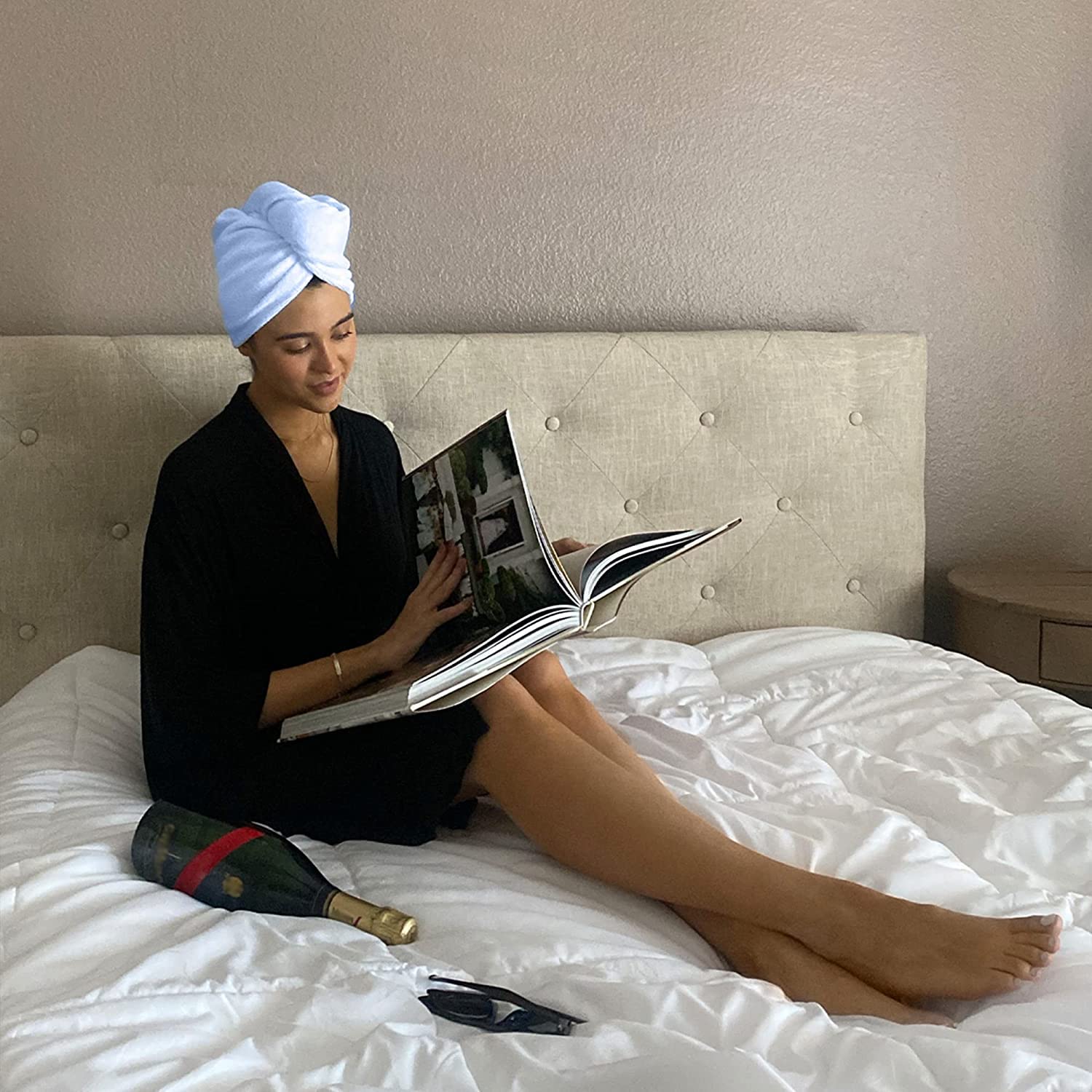 VYAKOM EXPORTS Black and Sky Blue Hair Towel Wrap - 100% Cotton Super Absorbent Quick Dry Turban Head Wrap for Women with Button - Anti Frizz Hair Products for Curly, Long & Thick Hair - Perfect for Post-Shower, Salon Styling & Travel Use
