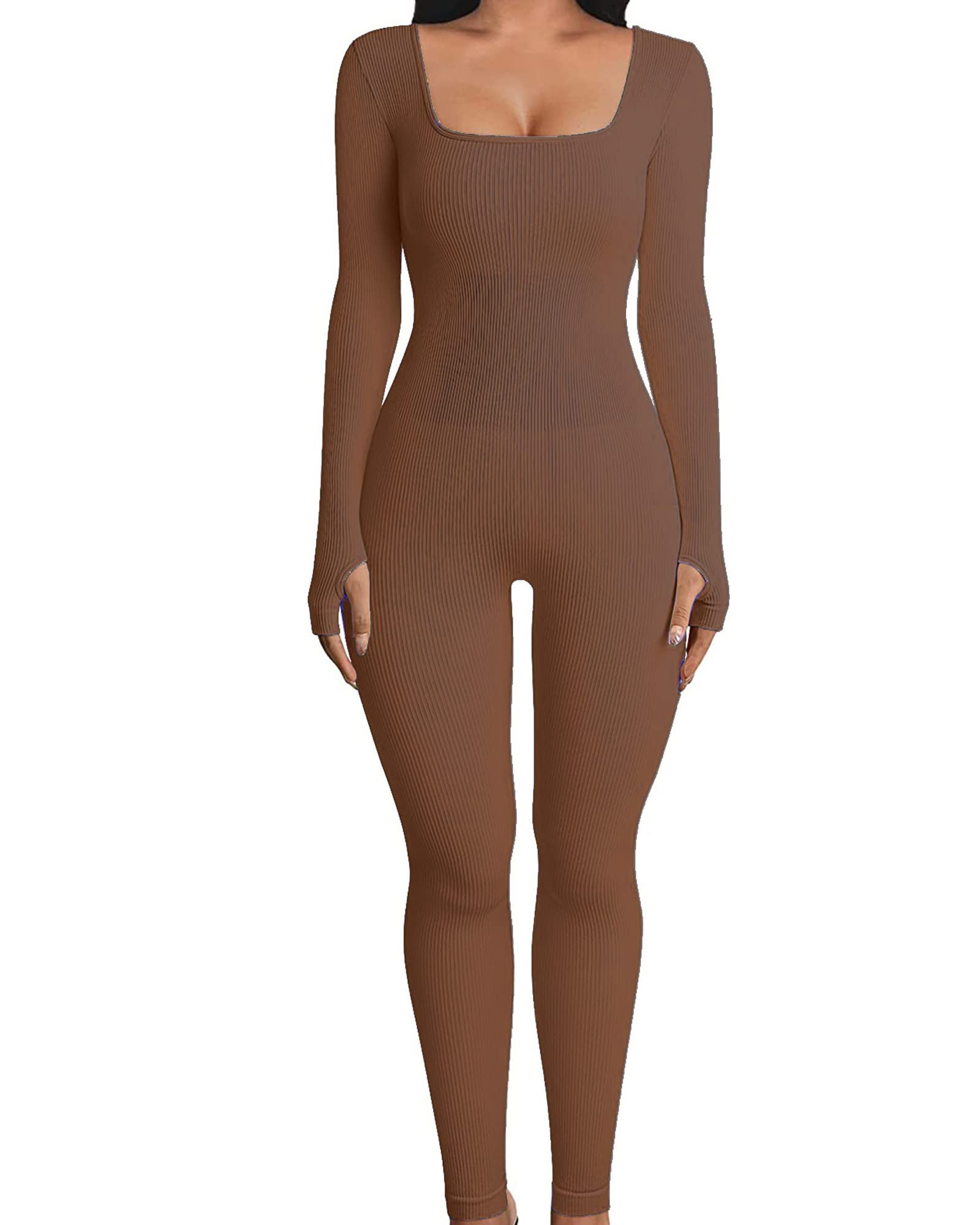 Acrawnni Women's Ribbed Knit Yoga Jumpsuit - Long Sleeve Square Neck One Piece Bodysuit for Workout, Fitness & Sports | Perfect for Yoga, Gym, Running & Lounge Wear