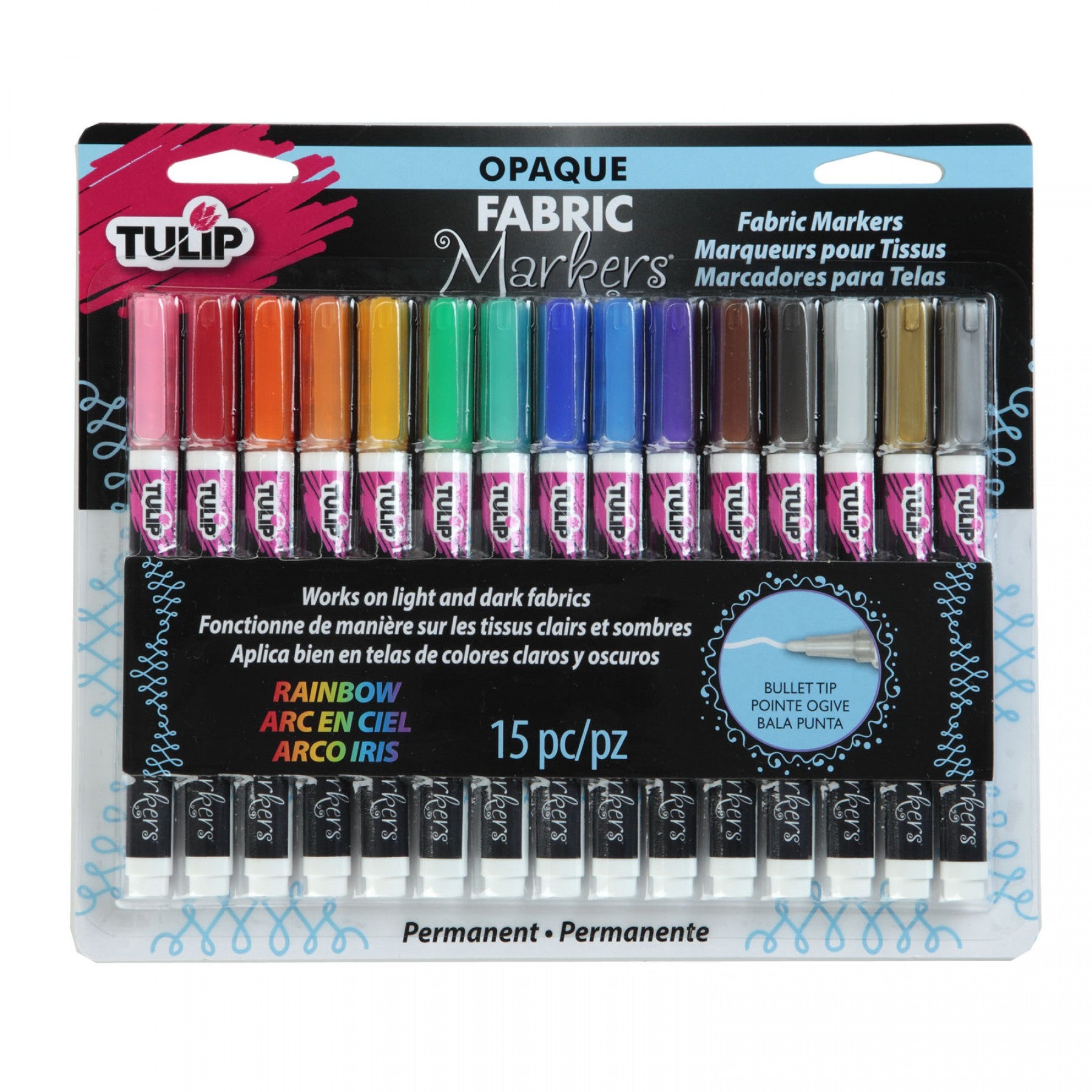 Tulip Opaque Fabric Markers - 15 Pack Assorted Colors for DIY Crafts, Clothing Customization & Fabric Art Projects