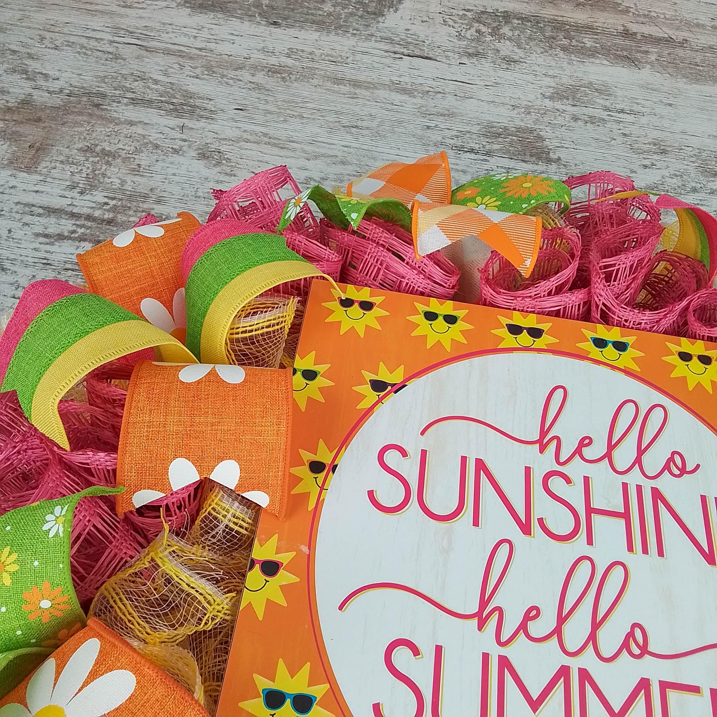 Hello Sunshine Summer Wreath - Vibrant Yellow Pink Green Orange Beach Mesh Door Decoration for Front Porch, Patio & Summer Home Decor