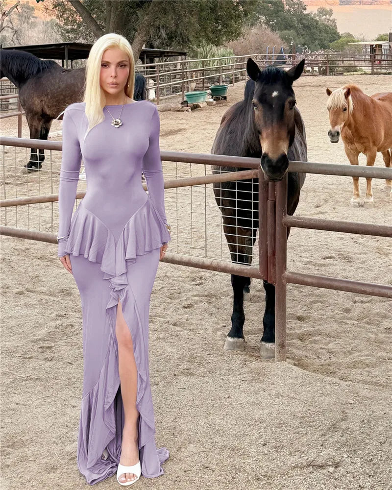 Sexy Backless Ruffled Maxi Dress for Women - Elegant O-Neck Long Sleeve Evening Gown with Thigh High Split | Perfect for Prom, Wedding Guest & Cocktail Parties