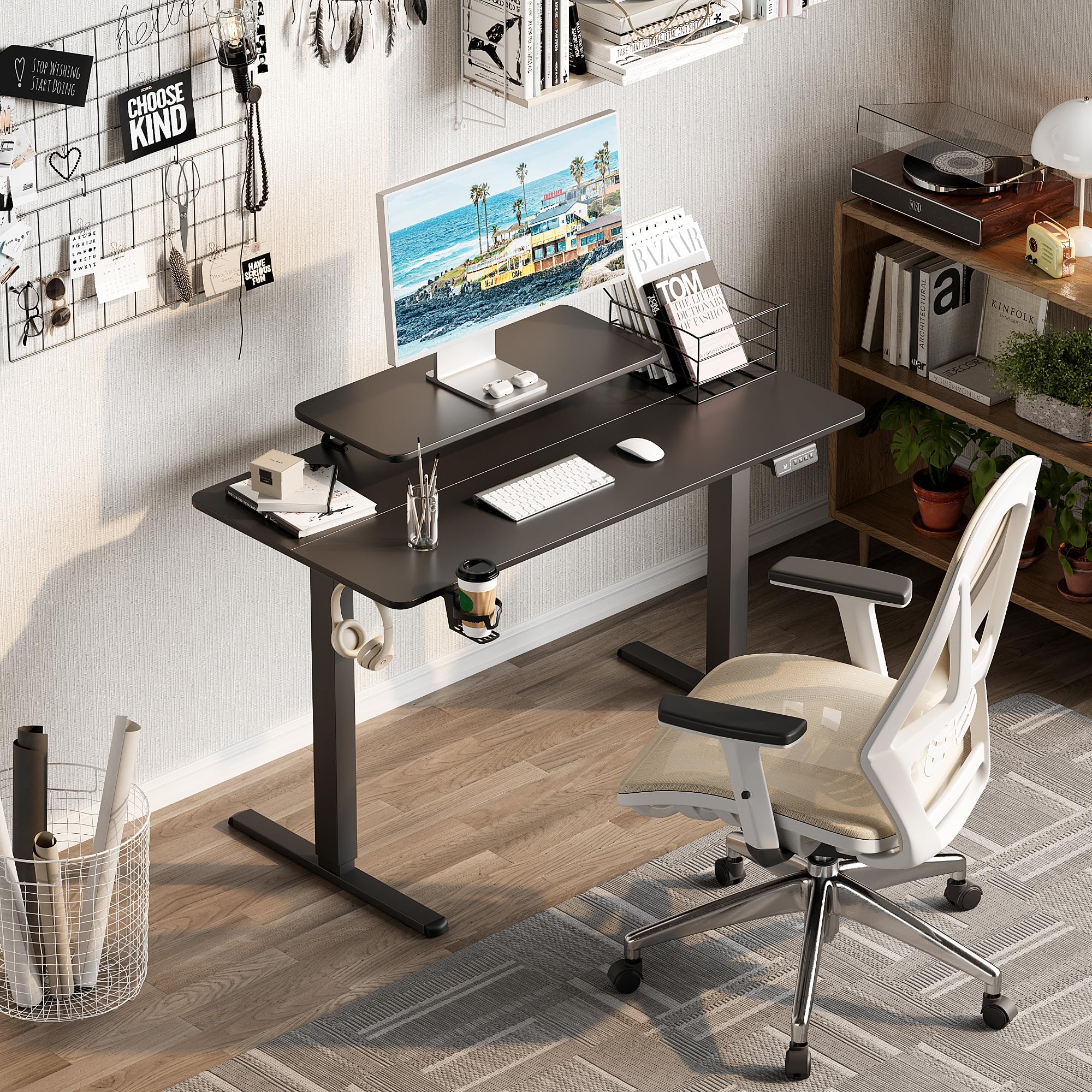 Furmax 47x24 Inches Electric Height Adjustable Standing Desk with Monitor & Laptop Workstation - Sit Stand Computer Desk with Cup Holder, Hook & Cable Management Holes (Carbon Black) - Perfect for Home Office, Gaming & Workspace Ergonomics